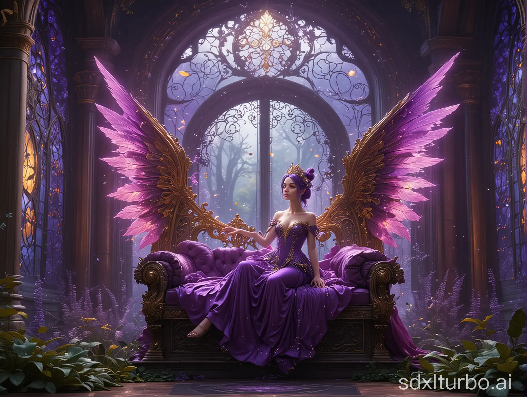A stunning 3D render of a vibrant fairy in a palace, sitting gracefully on a massive, ornate throne. Her wings are a brilliant shade of purple, and her attire is adorned with gold and gemstones. In the background, another fairy gazes through a large window, with the enchanting forest beyond, filled with ethereal creatures and mystical plants. The overall atmosphere of the illustration is a blend of dark fantasy and vivid colors, creating a captivating scene., illustration, anime, dark fantasy, vibrant, 3d render