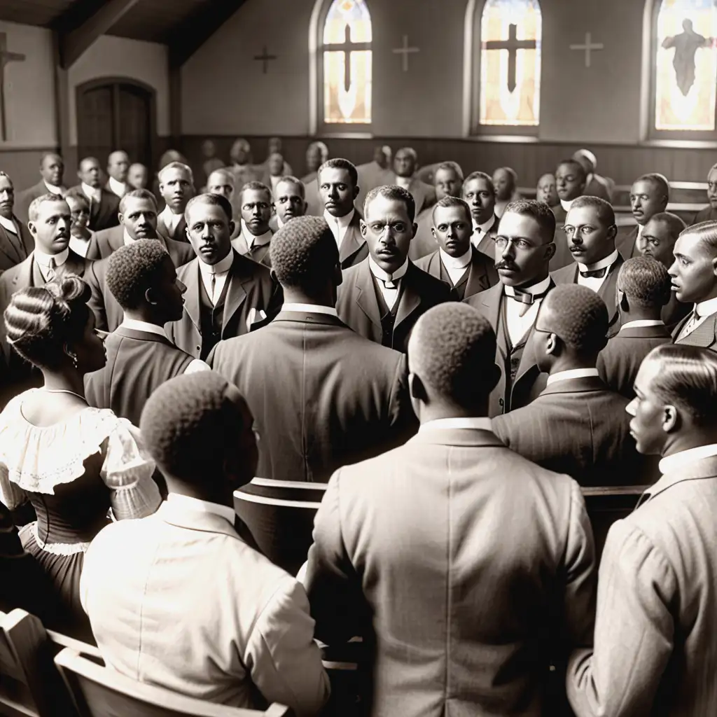 African American meeting with men and women at church, 1909