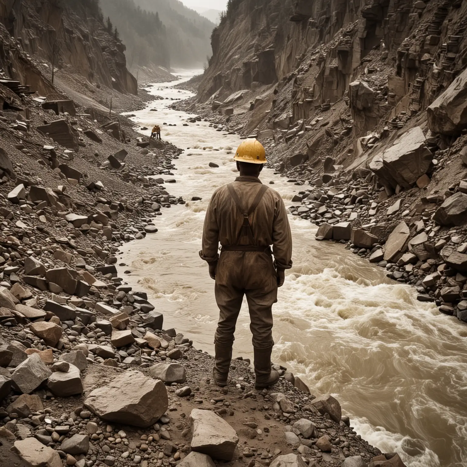 a miner standing outside a mine with raging river in the ravine below