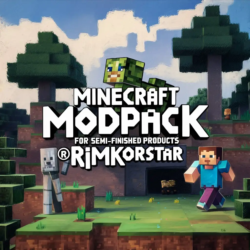 Draw a picture. The background of the painting is in the Minecraft style. In the center should be written "Minecraft modpack for semi-finished products ®Rimkorstar".
