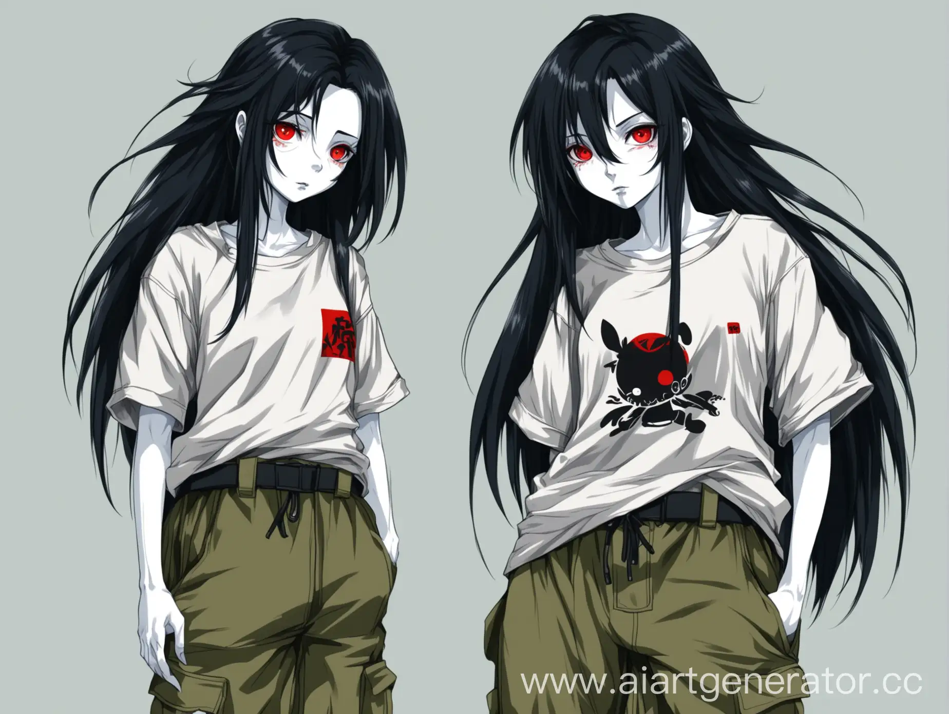 девушка в стиле аниме. с чёрными волосами, красными глазами, белой кожей и в мешковатой майке с джинсами карго