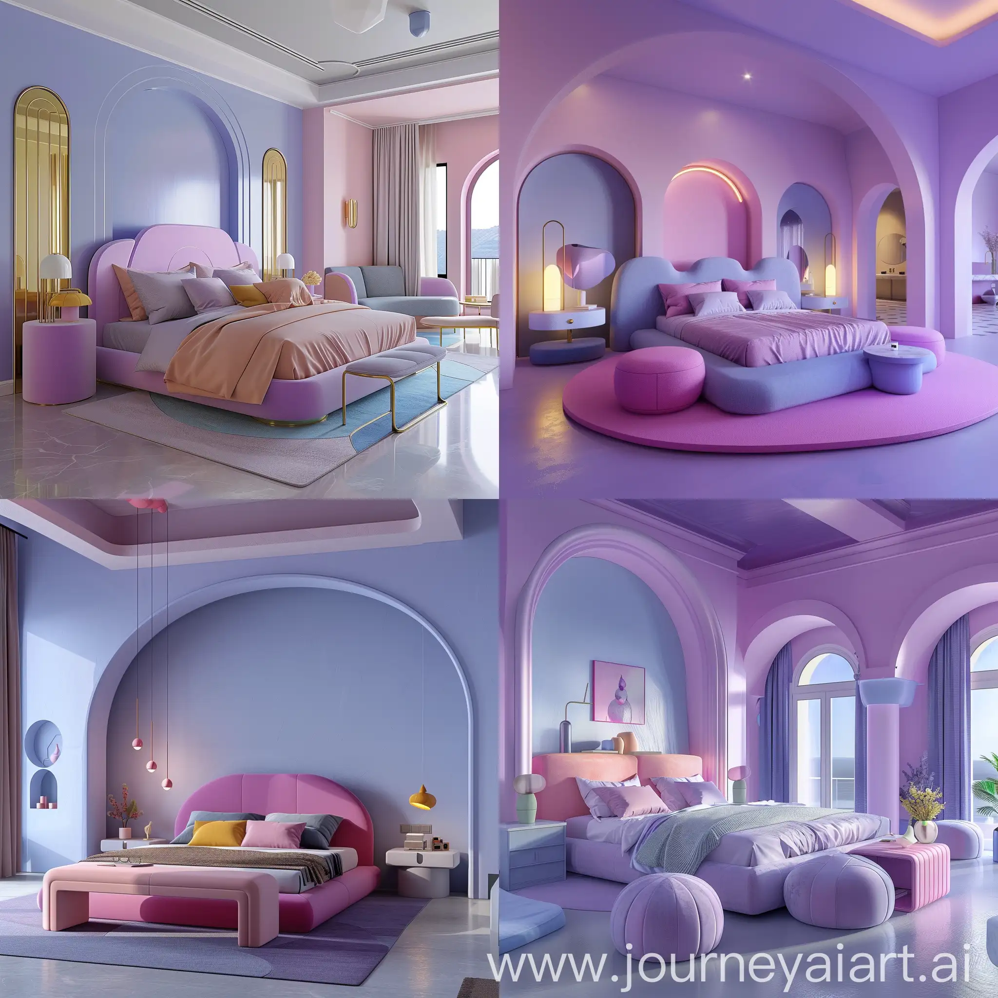  a huge bedroom in purple pink and pastel blue colors with Memphis style furniture 