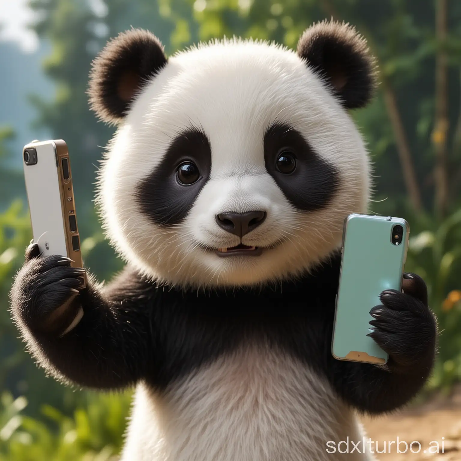 The little panda taking a selfie with a phone