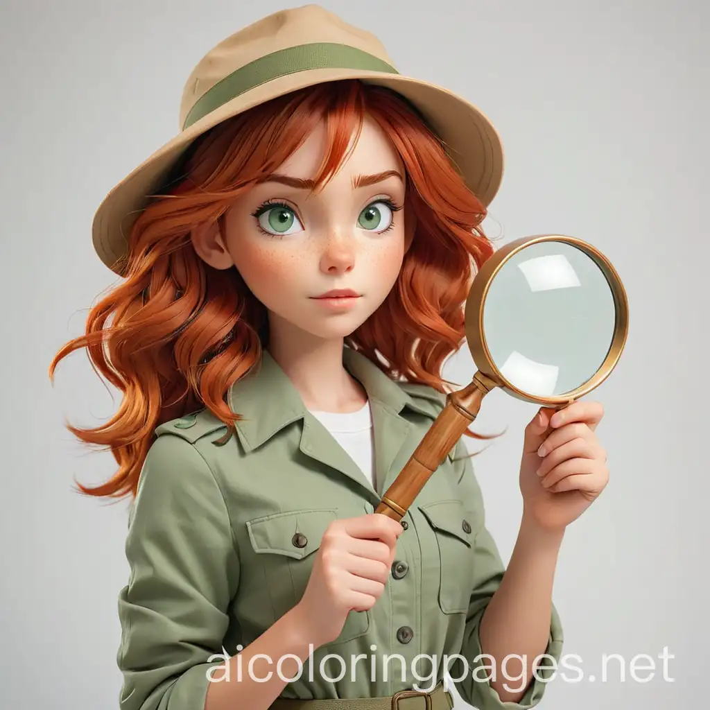 red hair girl with green eyes in a safari outfit holding a magnifying glass , Coloring Page, black and white, line art, white background, Simplicity, Ample White Space. The background of the coloring page is plain white to make it easy for young children to color within the lines. The outlines of all the subjects are easy to distinguish, making it simple for kids to color without too much difficulty