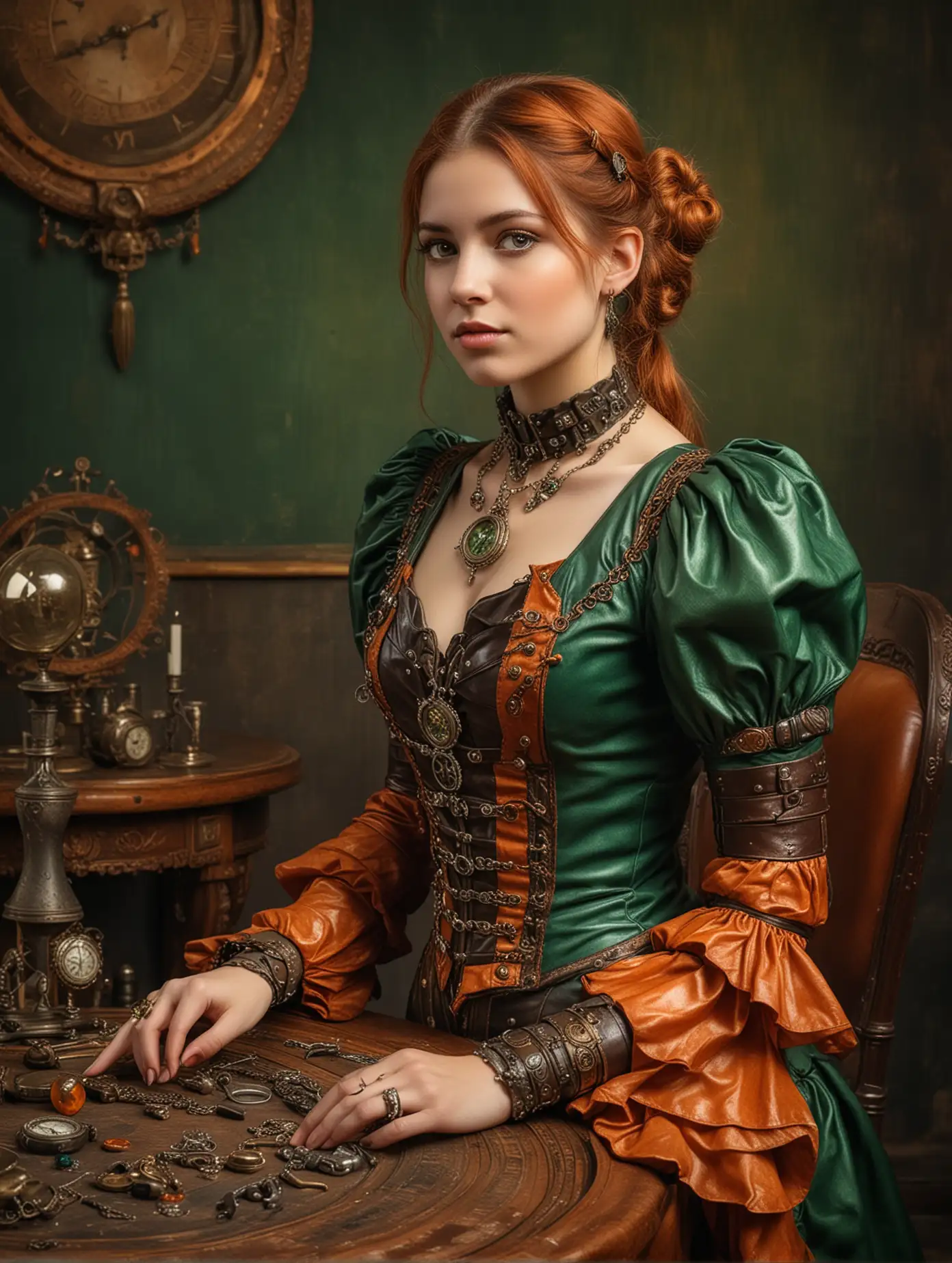 the portrait of a beautiful young noble steampunk woman in a very elegant  leather green and orange dress, with steampunk jewelry sitting at a decorative round table, old dutch painting masters style