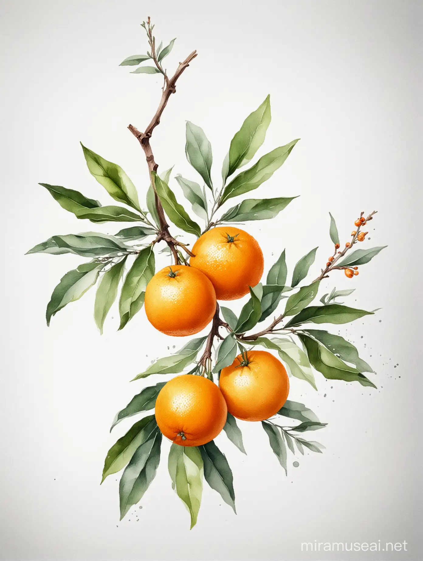 Vibrant Orange Branch on Serene Watercolor White Background