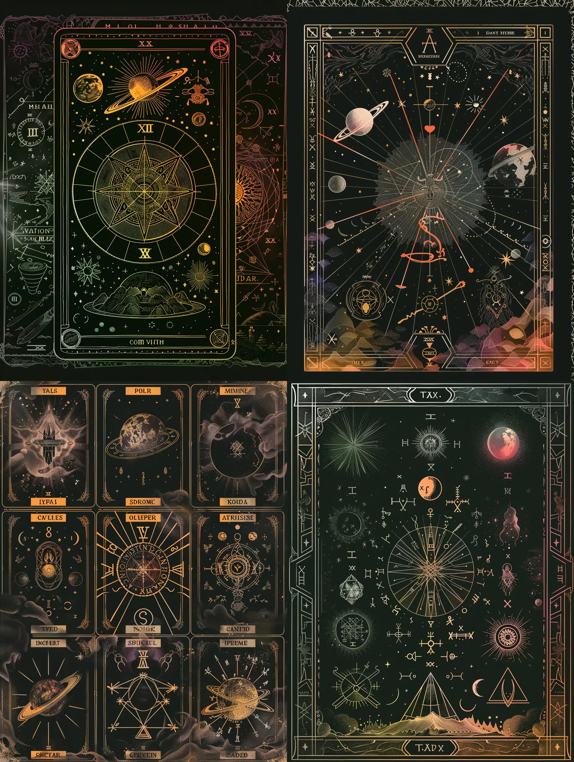 write a cover for tarot cards in dark colors on which to display the symbols of planets, zadiac signs, chakras and elements