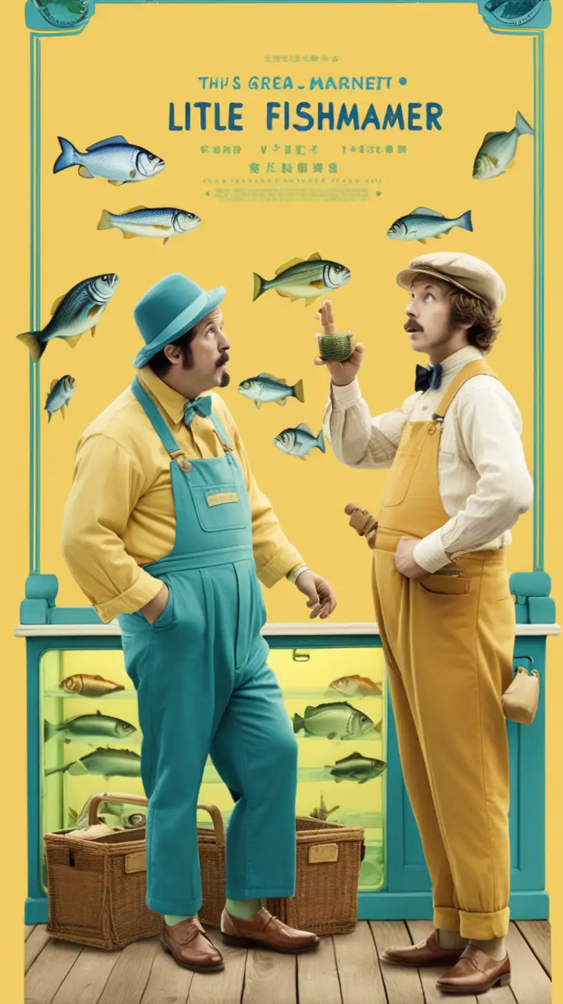  这是一张喜剧电影的海报，我希望它是一种带有韦森安德森电影，小行星星球的风格，这是一个穿着old fashion的贩鱼的老商人与一名年轻的商人争吵的故事，黄蓝色调。