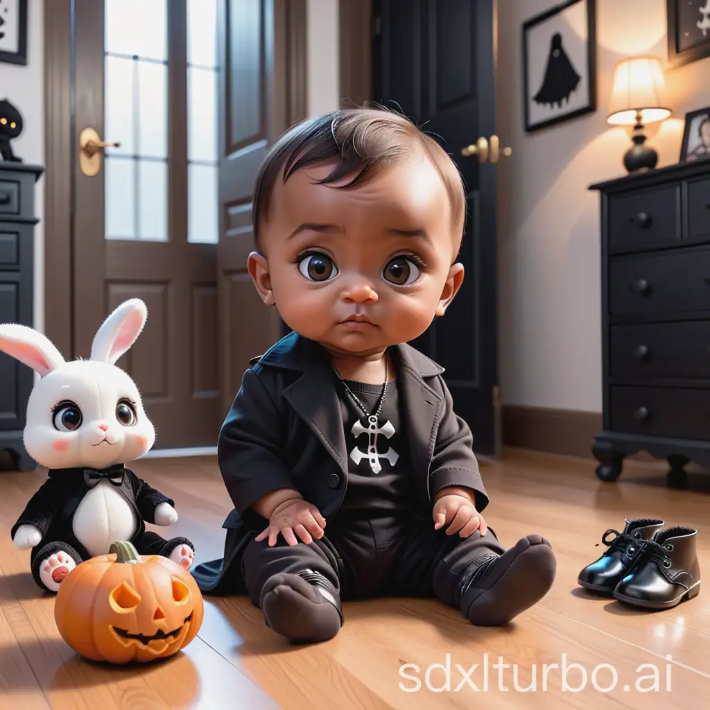 super cute, adorable, lighter skinned black, brown little baby boy, toddler, big brown eyes, gothic clothes, playing, siting on the floor in gothic baby room, spooky, pixar, the addams family, halloween, chibi, ultra realistic, shoes on feet, small stuffed bunny in one hand.