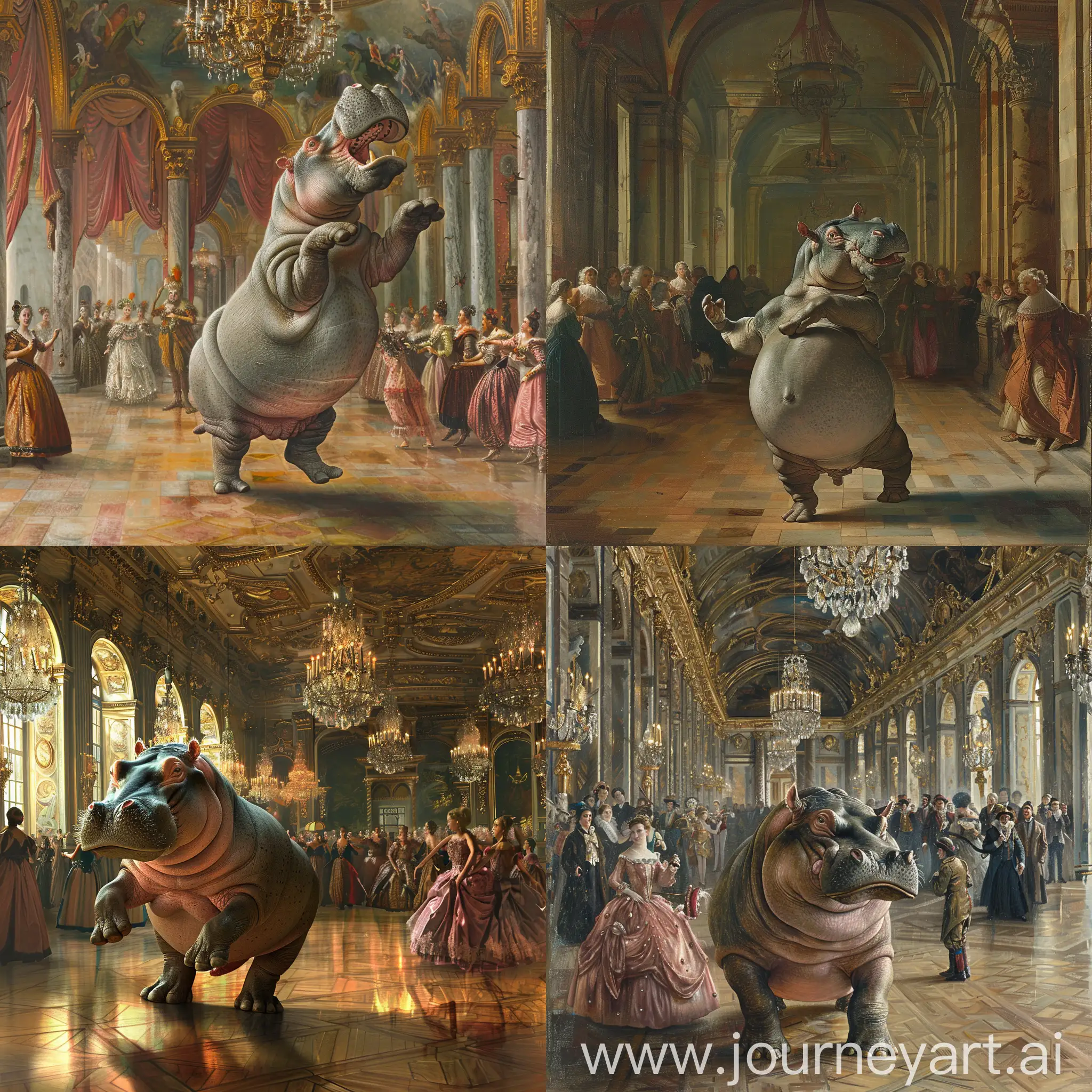 A large Hippopotamus dances Ballet in a large Baroque hall