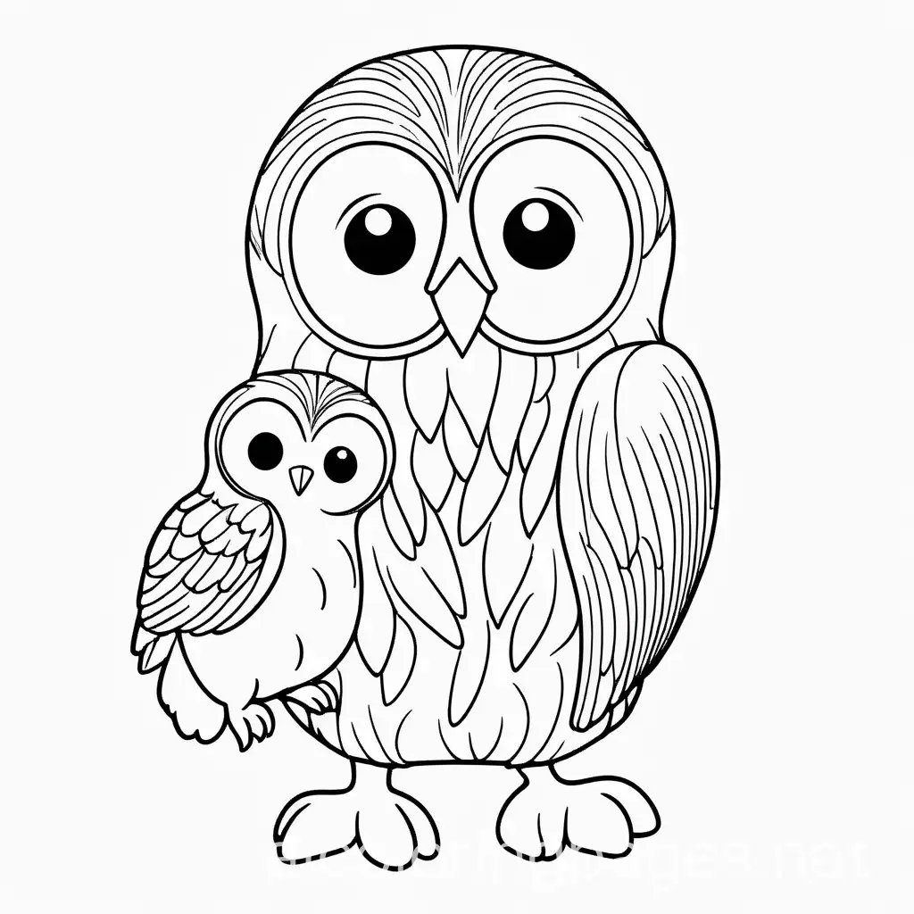 Ural owl carrying a small stuffed bunny, Coloring Page, black and white, line art, white background, Simplicity, Ample White Space. The background of the coloring page is plain white to make it easy for young children to color within the lines. The outlines of all the subjects are easy to distinguish, making it simple for kids to color without too much difficulty