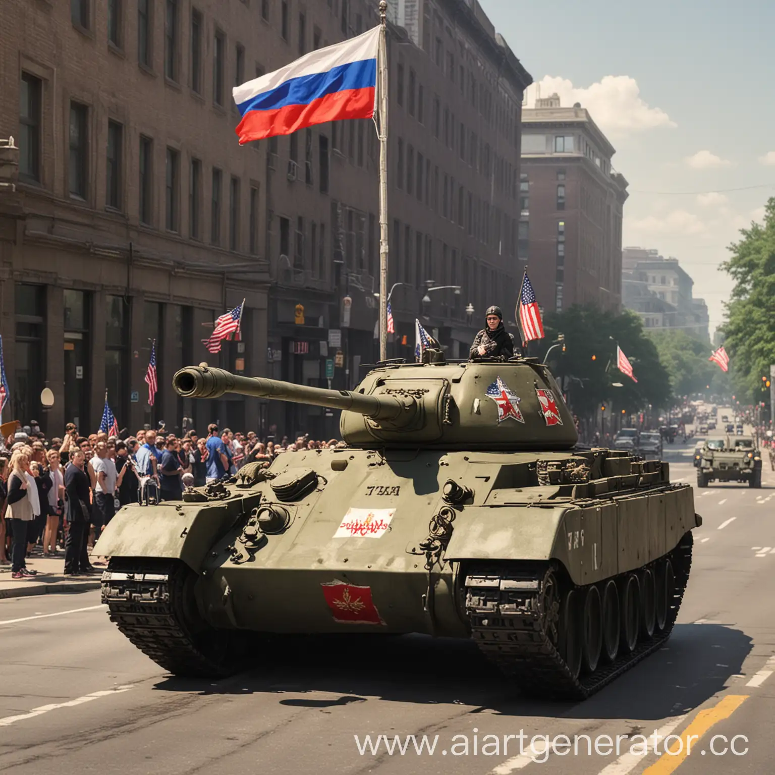 Tank T-34 is driving down Washington Street with a Russian flag