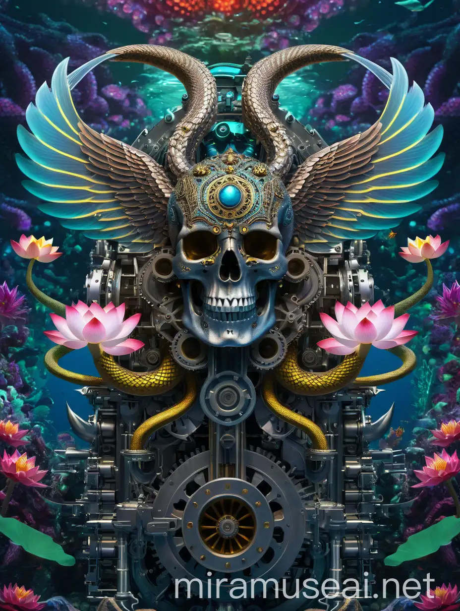 Psychedelic underwater world flower lotus wings skull merged engine parts machine parts snake hyper detailed background with corner frames down side hell 