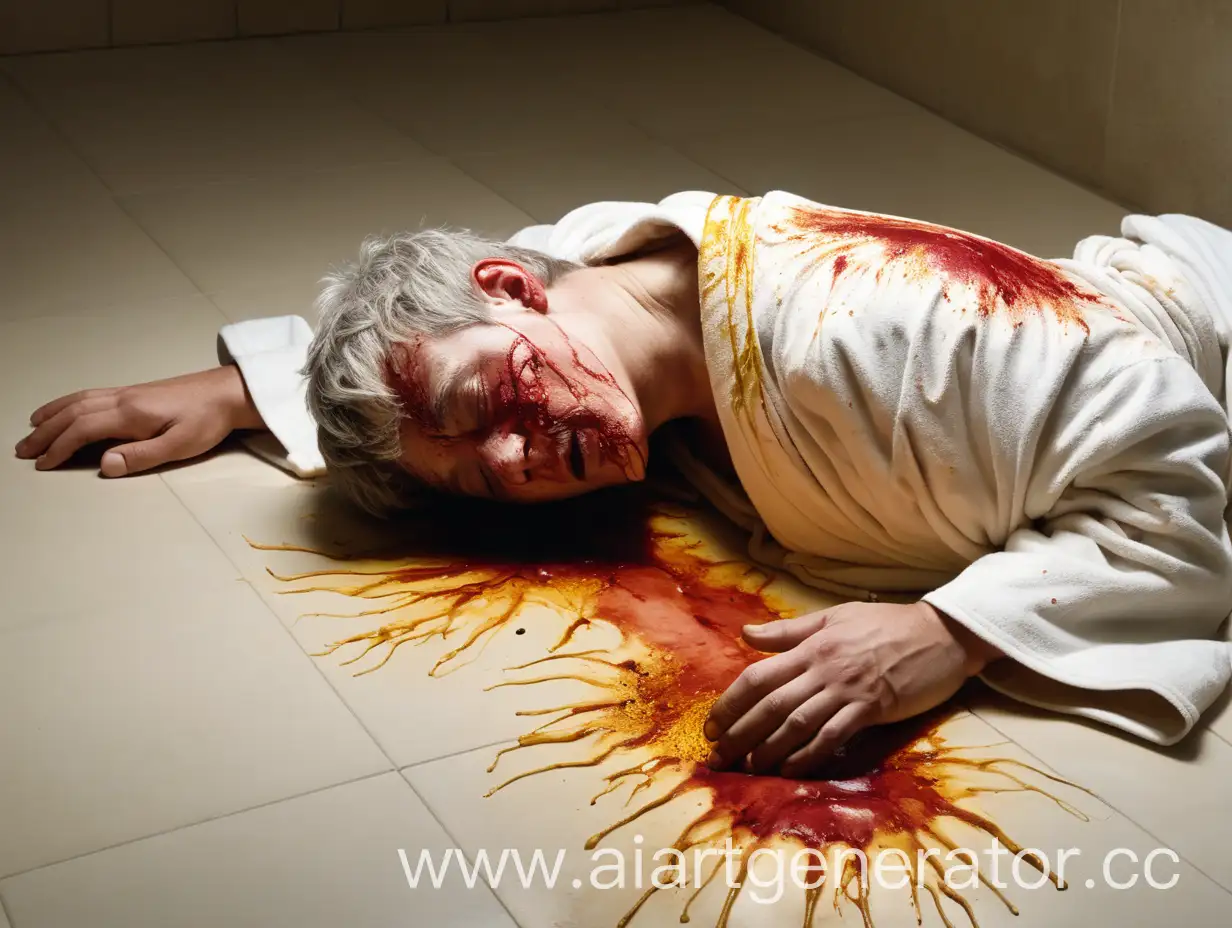 человек лежит на полу в белом халате ,лицо и руки покрыты желтовато красными волдырями ,видна только пол туловища ,голова и грудь