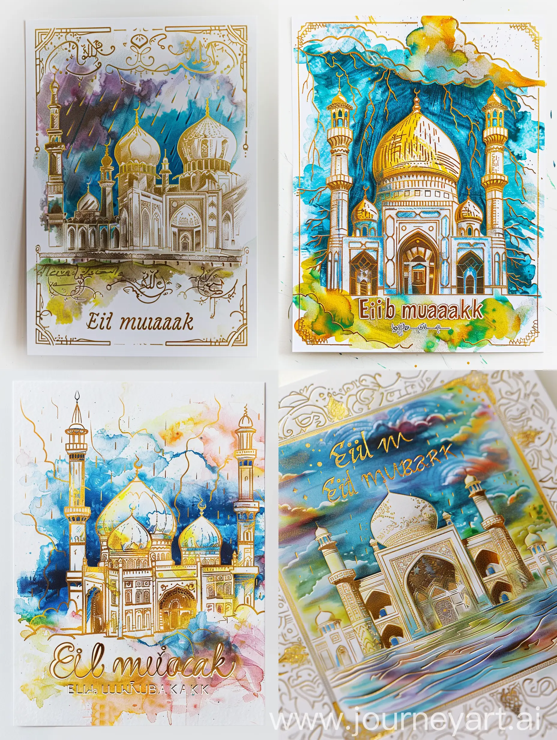 a greetings card, "Eid mubarak" written, engraved art depicting a persian mosque under thunder sky, watercolor and crayons style painting on white background, engraved golden outlines --ar 3:4