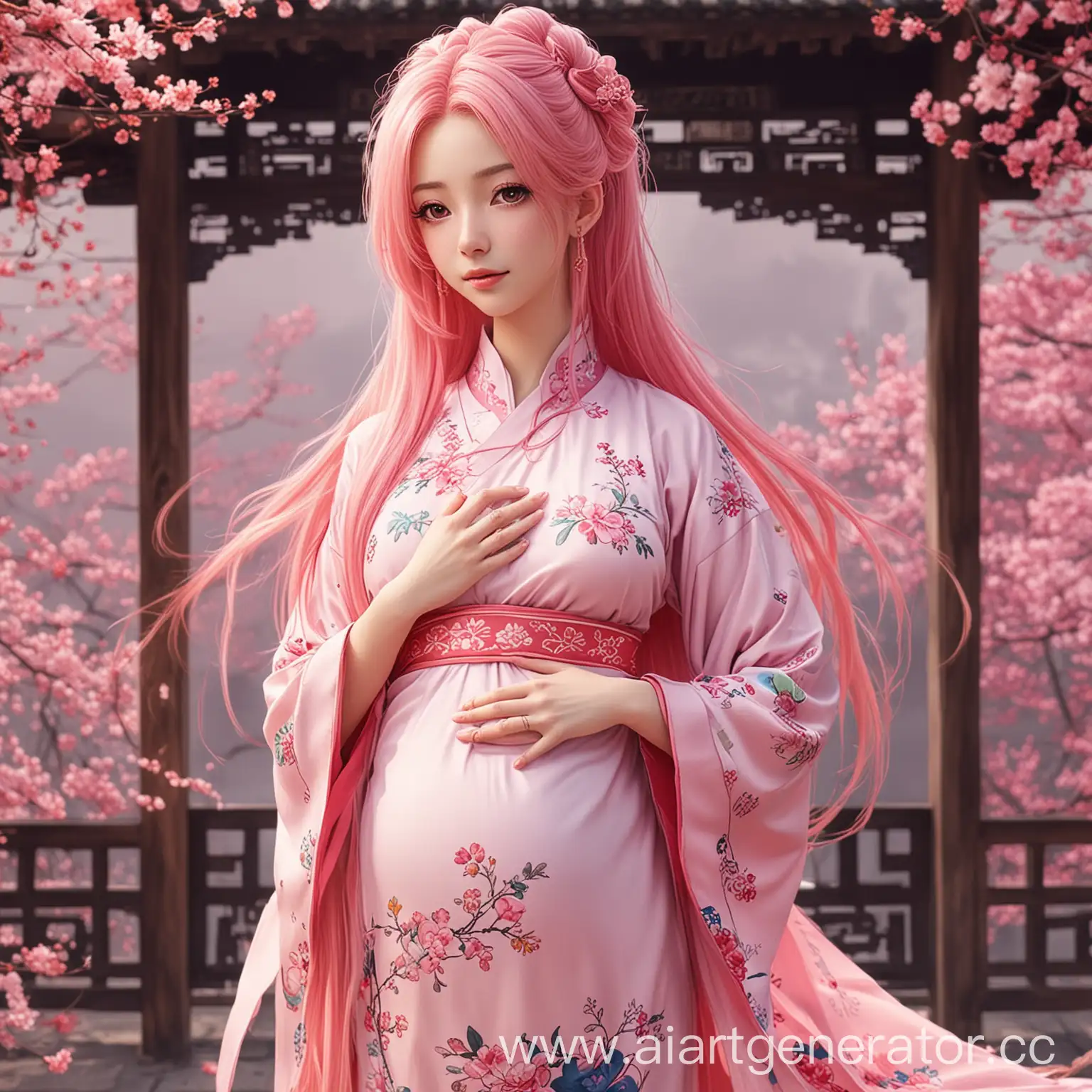 Аниме, взрослая девушка, беременная, длинные розовые волосы,  в китайской одежде