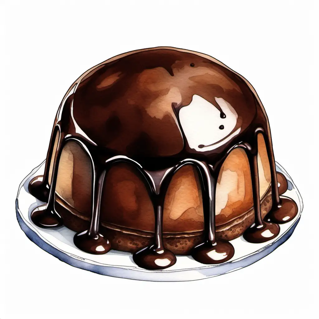 generate a hand painted watercolour clip art on a white background. of a chocolate fondant dessert. The dessert is a dome shape and has chocolate sauce running out the centre.