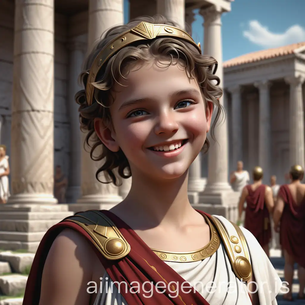 female model girl in Roman clothing, CGSociety competition winner, close-up of a young girl, Roman city, smiling like a fairy queen, Roman toga, realistically rendered clothing