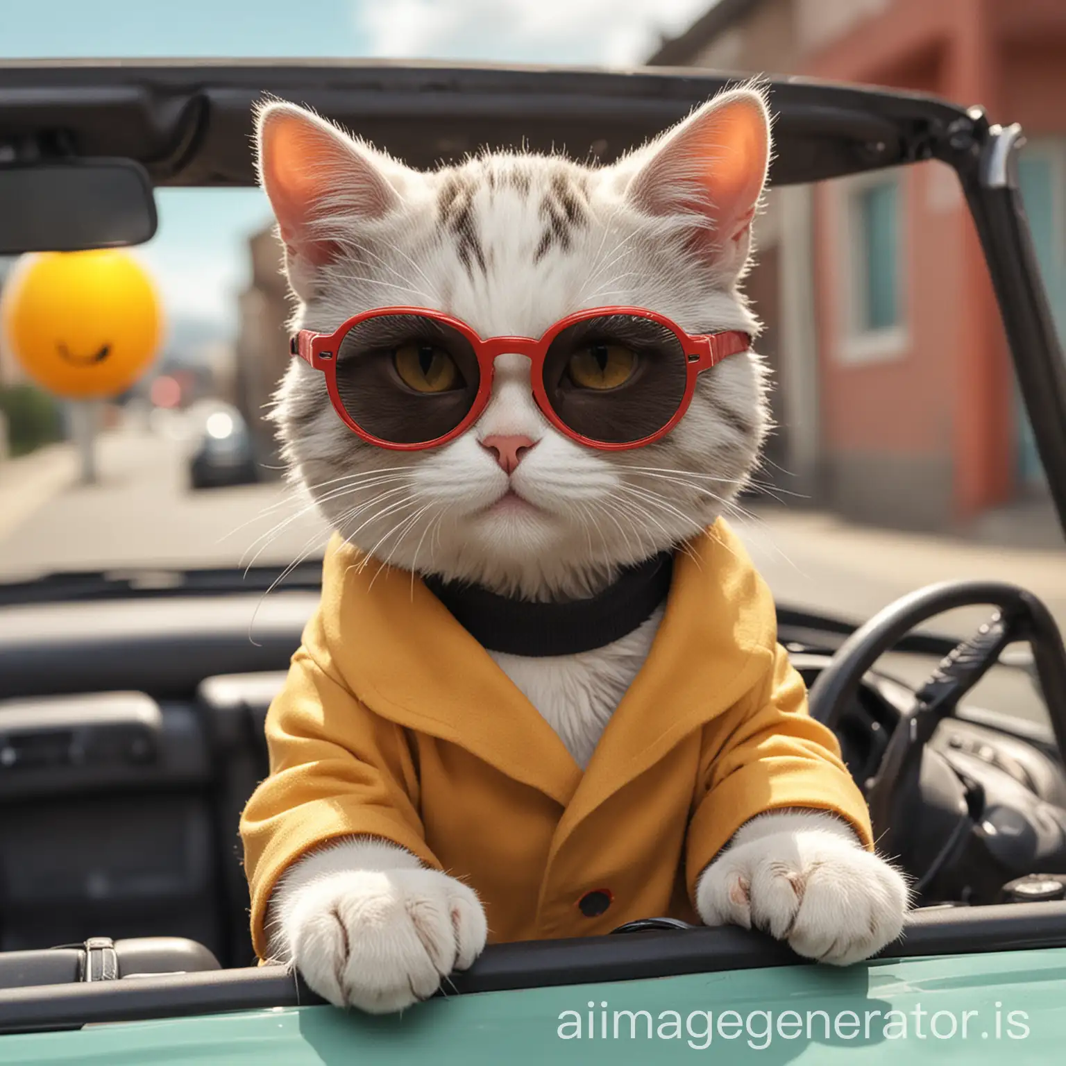 A CARTOON CAT WEARING A SUN GLASS, MASK AND COAT DRIVING A CAR
