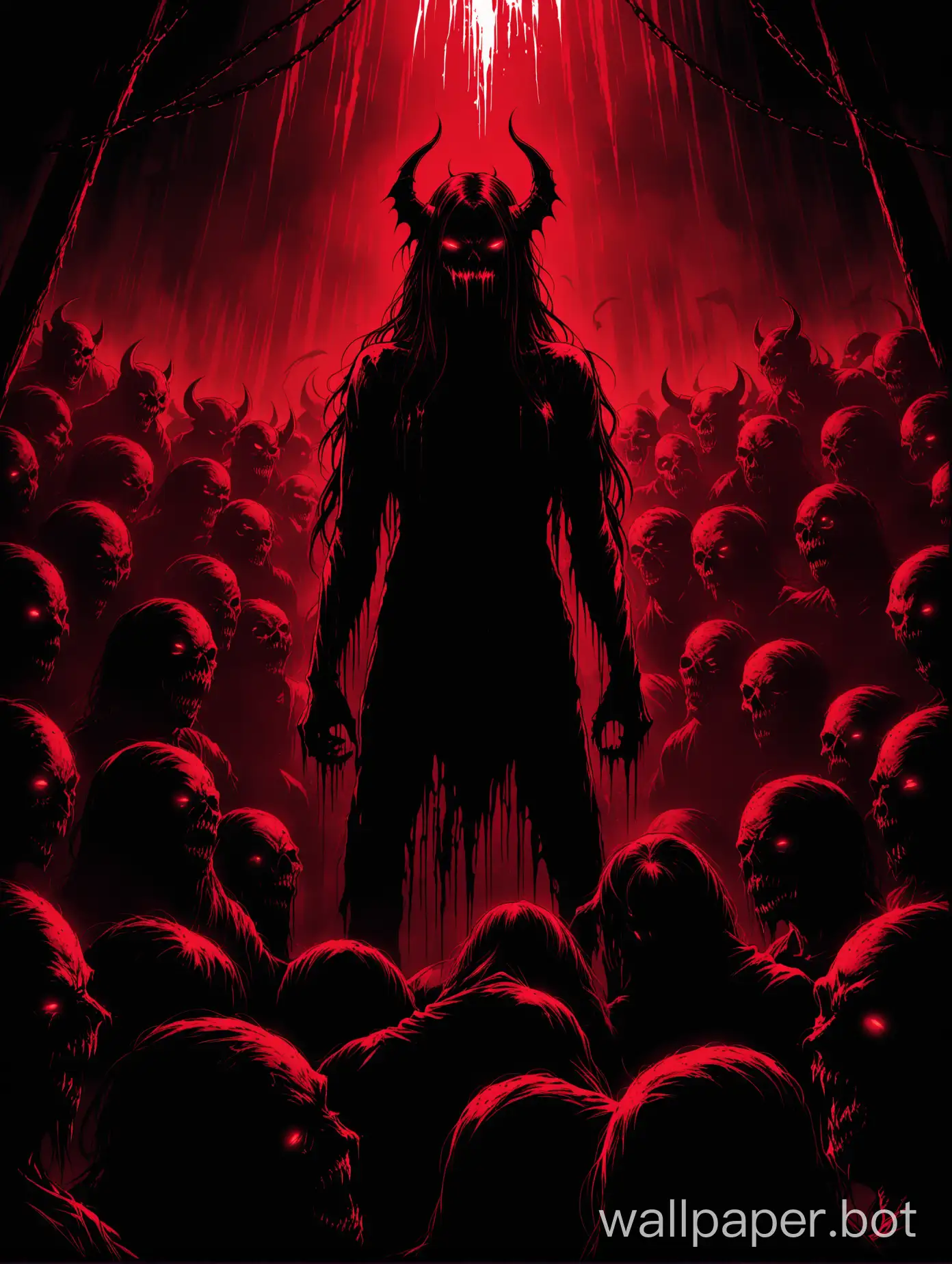 vector art , make a death metal cover with demon , blood  , painful people , dark ambient , dramatic light