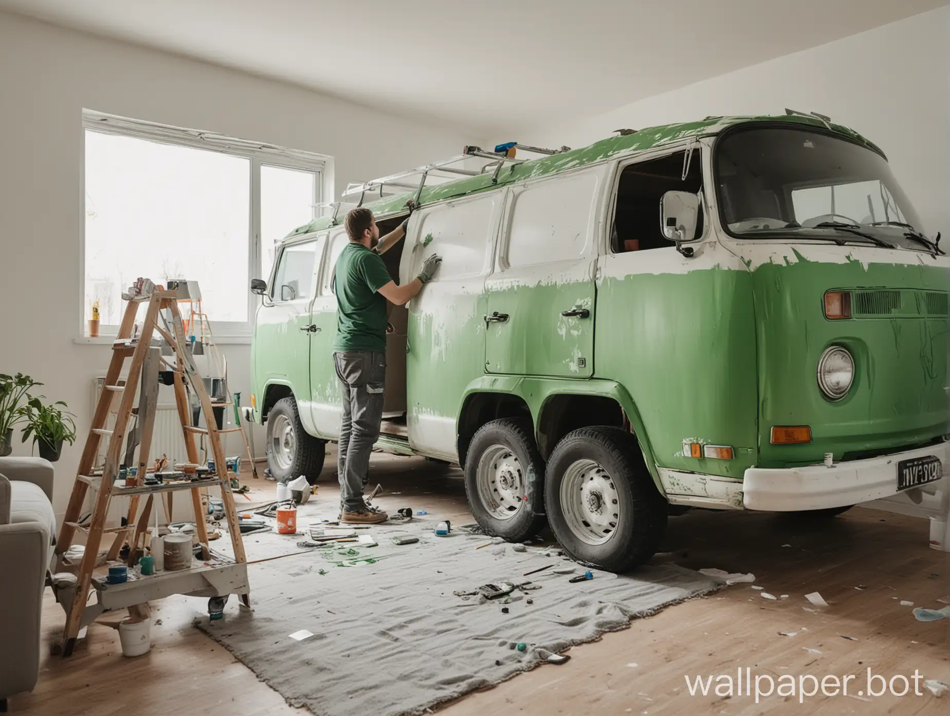 Developer painting a van in his living room, color green white