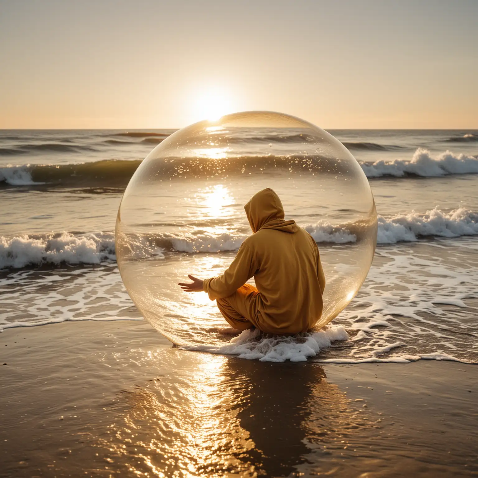 Near the seashore, there is a man wearing a golden cotton tunic and a hoodie. The man's face is not visible.He is kneeling down and observing his reflection on a large, golden transparent bubble made from the foam of the waves. His hand is reaching out gently to touch the bubble.