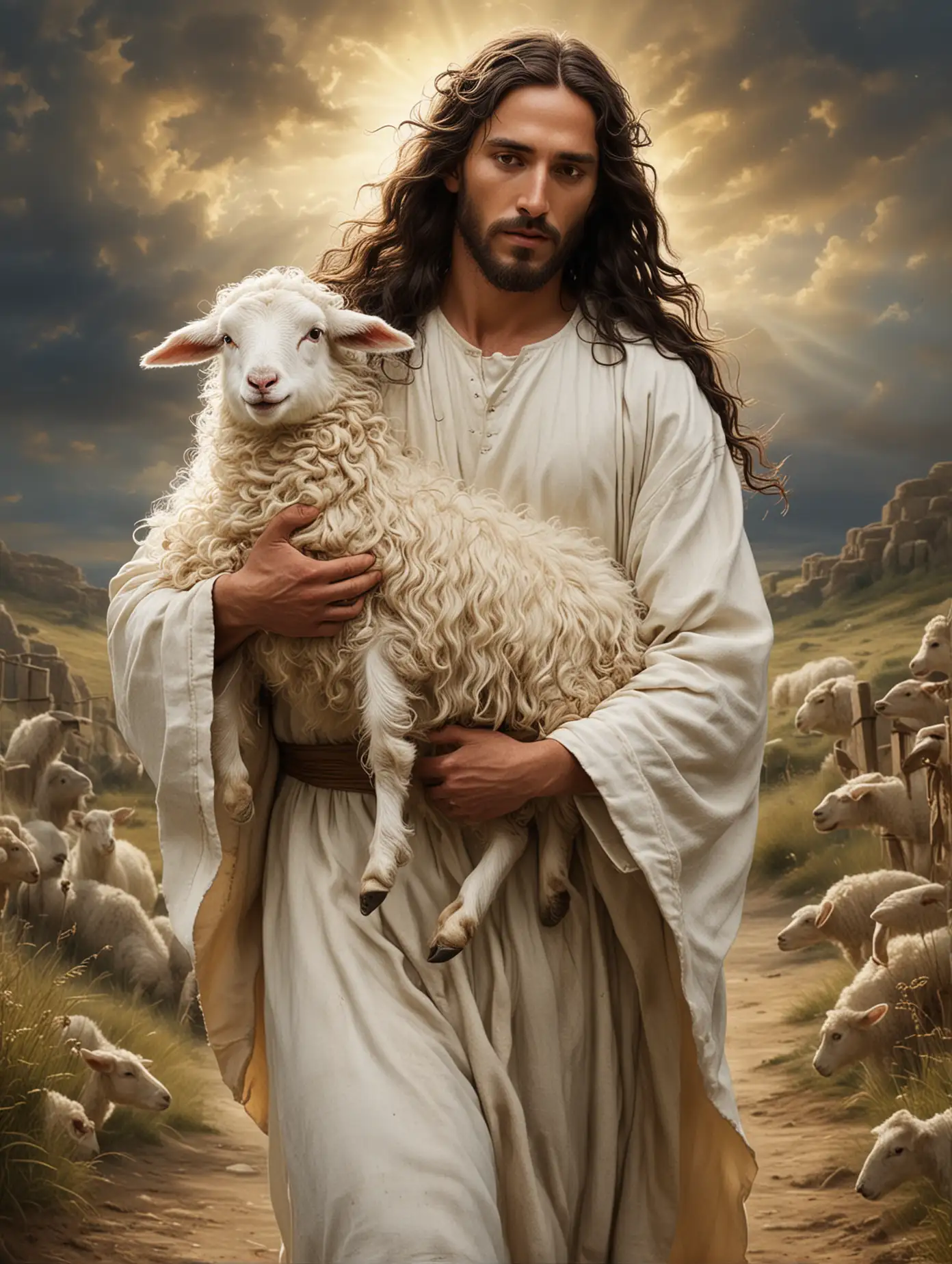 Messiah with Dark Wavy Hair Cradling a Lamb