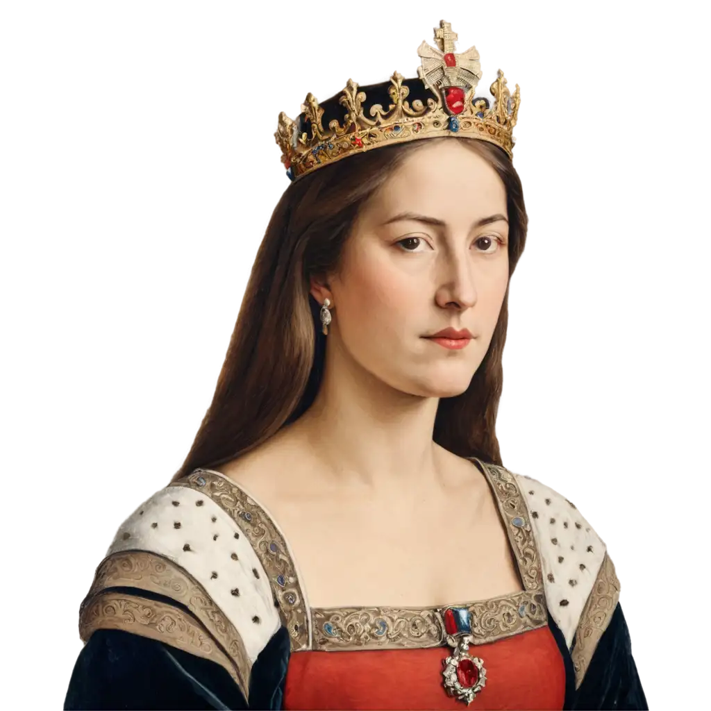 isabel I de Castilla en actitud altiva vestida como reina del siglo XV y con corona