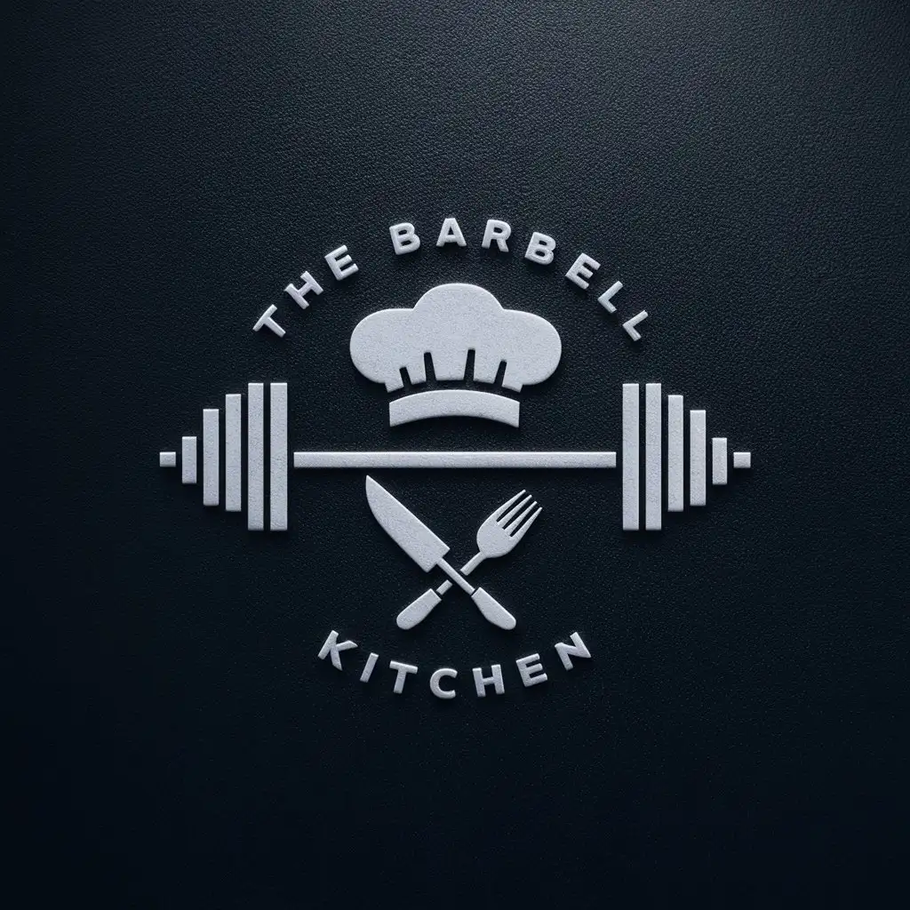 a logo design, with the text 'The Barbell Kitchen', main symbol: barbell, cooking hat, circular, black background, fork and knife crossed under barbell, , Moderate, to be used in the Sports Fitness industry, clear background 