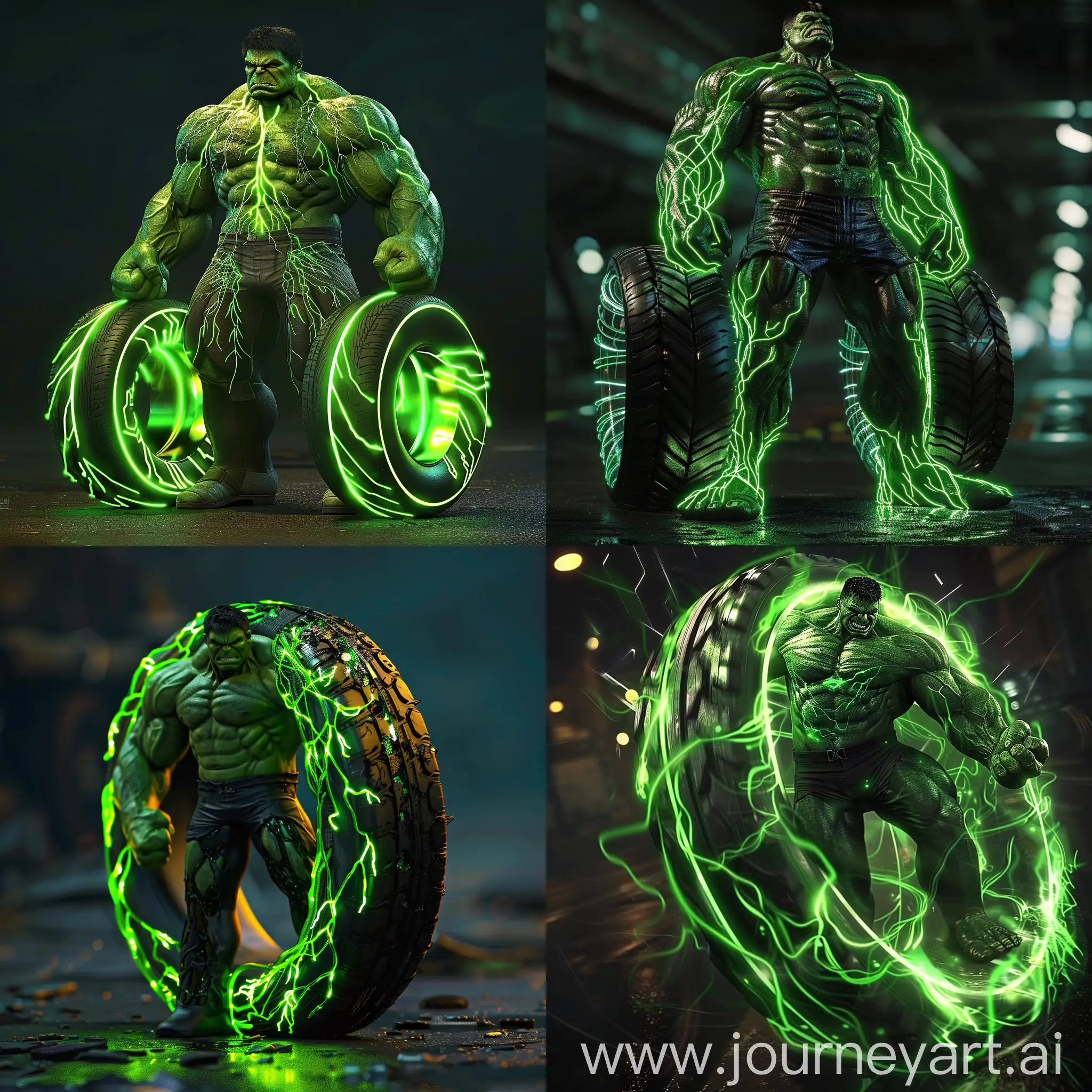 Green colour tyres Should show in tyre veins as they emerge in Hulk's body. Energy of shiny green colour like a neon light-emitting Think beyond realistic, incredible edition, only tyres images