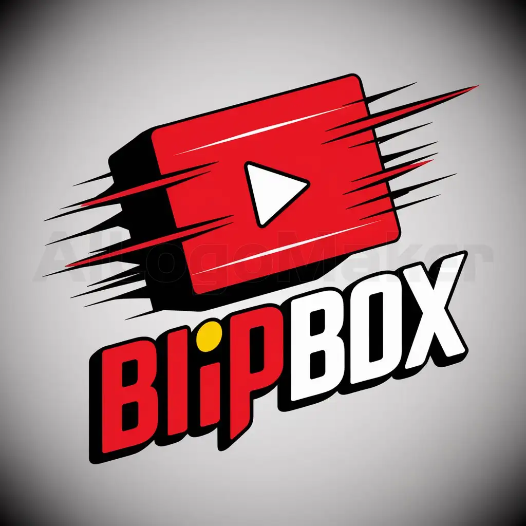 a logo design,with the text "Blip Box", main symbol: Since the input is in English, I will not provide a translation but instead will attempt to bring your design idea to life using textual description only:

The "BlipBox" logo features a stylized box containing a play button, symbolizing video content. The box appears dynamic and exciting due to the use of sharp, diagonal lines and shadows. It is designed with bold, modern sans-serif typography in vibrant primary colors: red, blue, yellow, and white.

Imagine a sleek, red square—the box—with its top-right corner slightly shaved off by a swift, blue diagonal line, creating the illusion of movement. Inside this red container, there's a centered, blue play button with bold, yellow "BlipBox" text placed horizontally above it. The play button is outlined in white and has a small white triangle pointing rightward to represent playback direction.

The box's design elements are carefully balanced yet energetic, reflecting the fast-paced and fun nature of the YouTube channel.,Moderate,be used in Entertainment industry,clear background