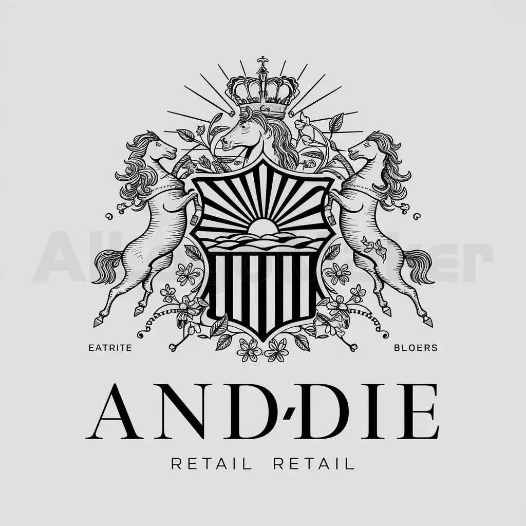 LOGO-Design-For-Anddie-Elegant-Heraldic-Crest-in-Black-and-White-with-Sun-Horses-Flowers-and-Crown