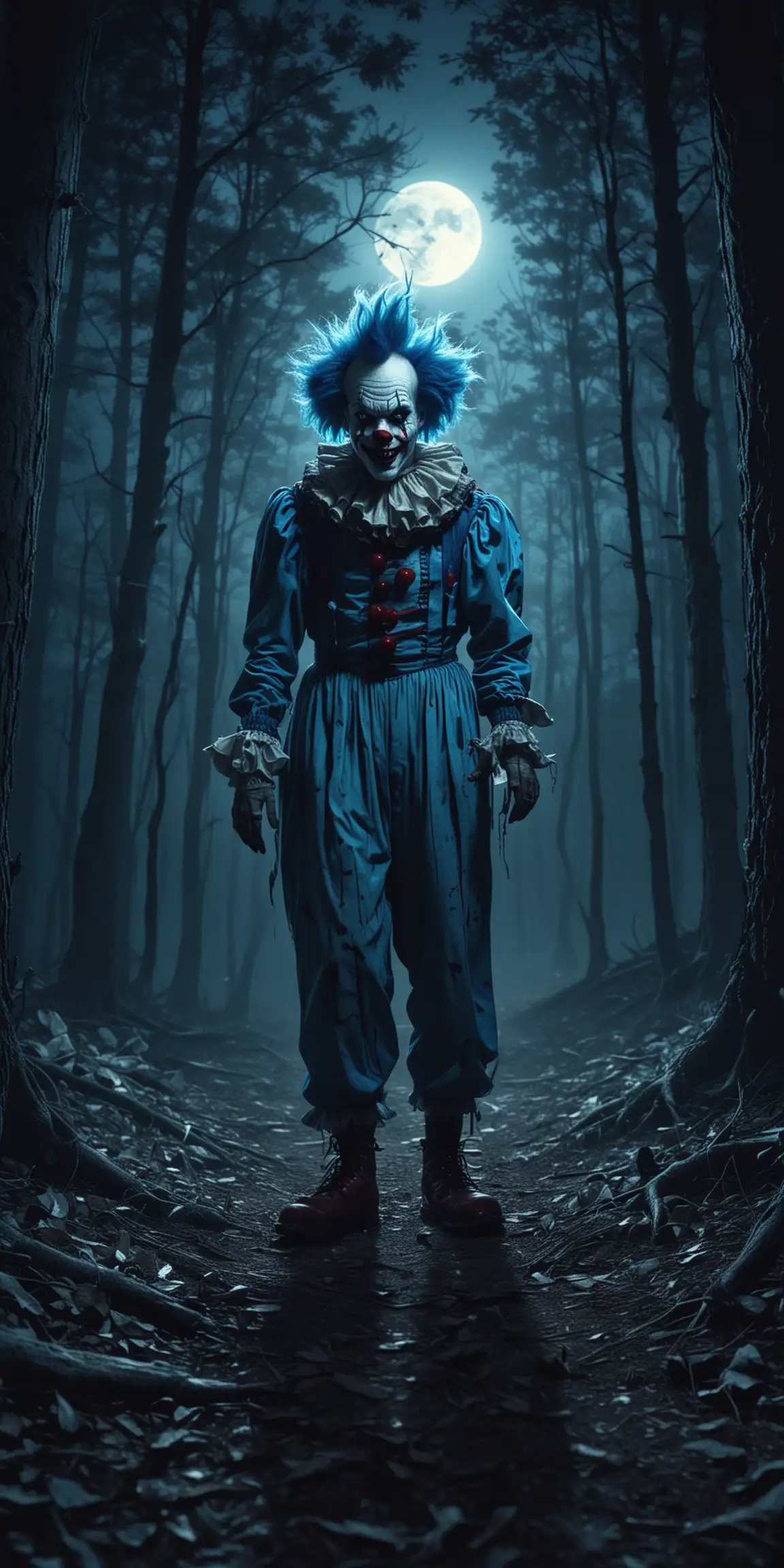 Creepy clown, blue moonlight, Scary forest. blue shadows