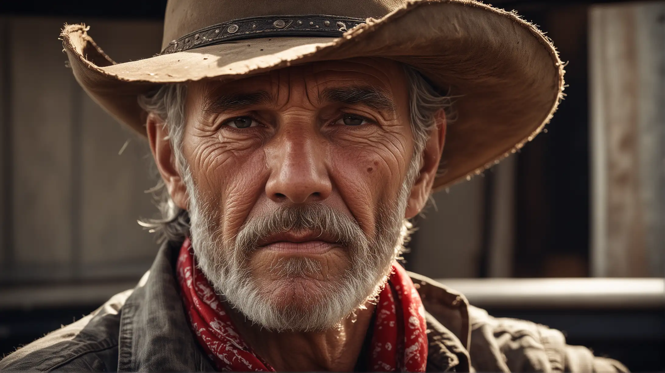 CLASSIC CLOSE UP PORTRAIT PHOTOGRAPHY STYLE, ageing truck driver, stubble, tattered cowboy hat, red bandana around neck, photo realistic, cinematic lighting, 