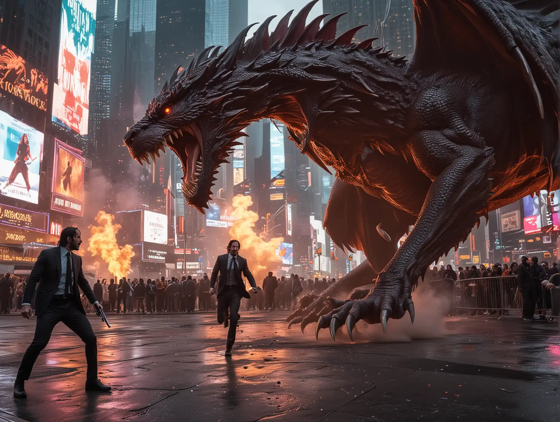 John Wick fighting against a dragon in Time's Square