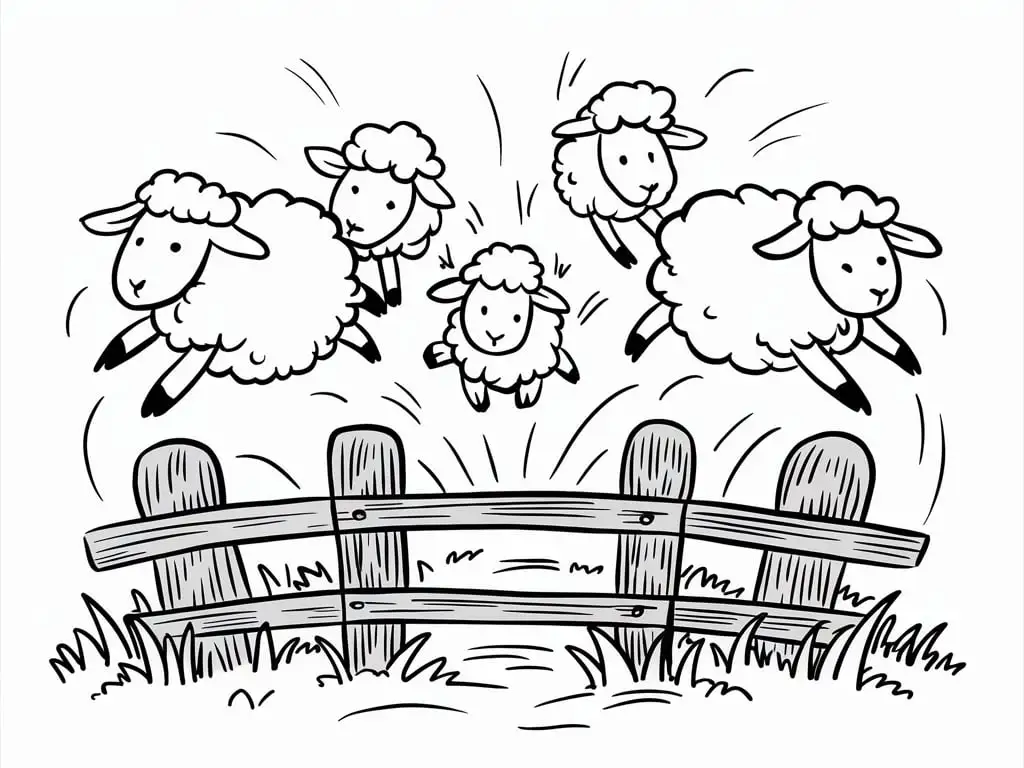 doodle drawing of sheep jumping a fence,  one of the sheep is much smaller than the others, very innocent, very sweet and childish, very simple drawing with minimal details