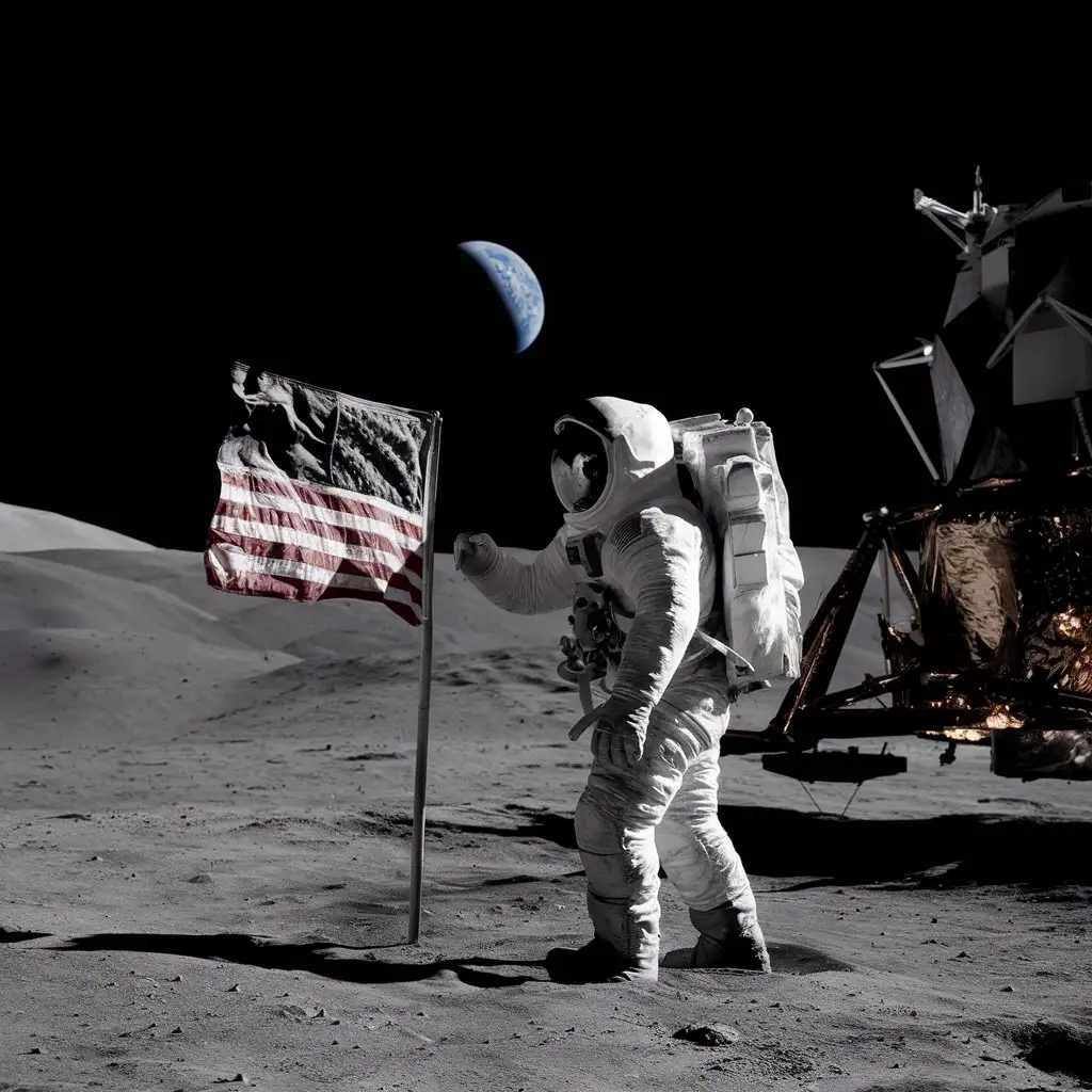 Buzz Aldrin planting the American flag on the moon's surface, a giant leap for mankind.