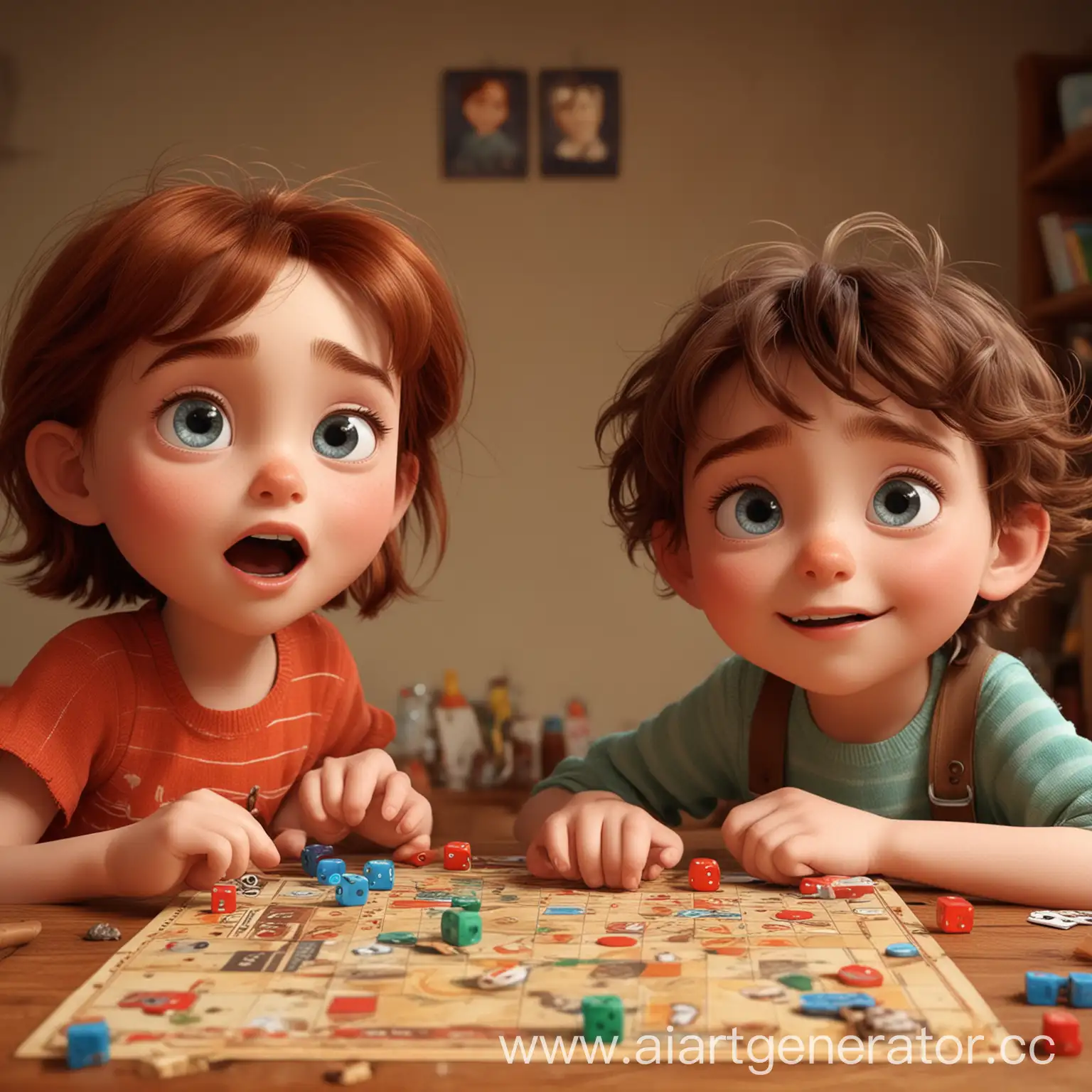 я хочу, чтобы вы нарисовали двух детей, которые играют в настольную игру, лица у детей выразительные, красивые глаза, дети рады им интересно играть. Картинка в стиле Pixar