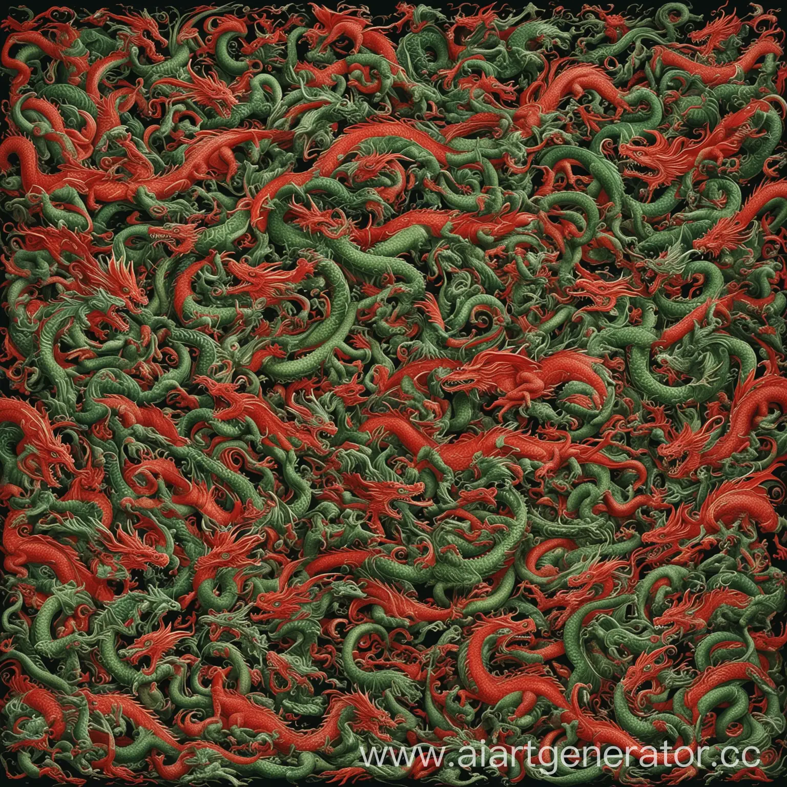 Много драконов, с зеленым и красным цветом, драконы изображены целиком