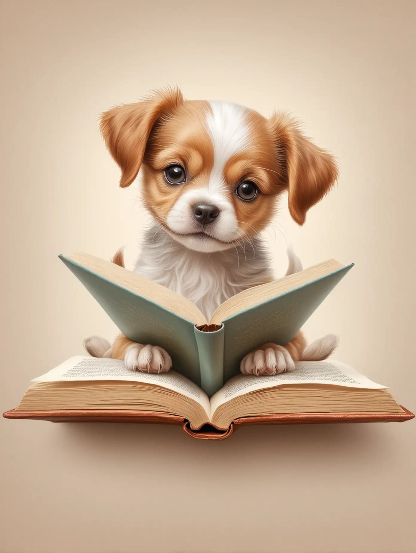 Intricate details, image of a small cute little puppy reading a book, in pastel drawing style, on a blank background
