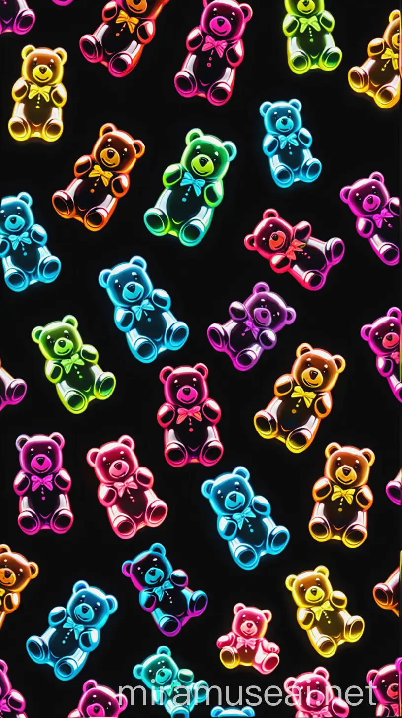 Black background, neon outline, gummy bears