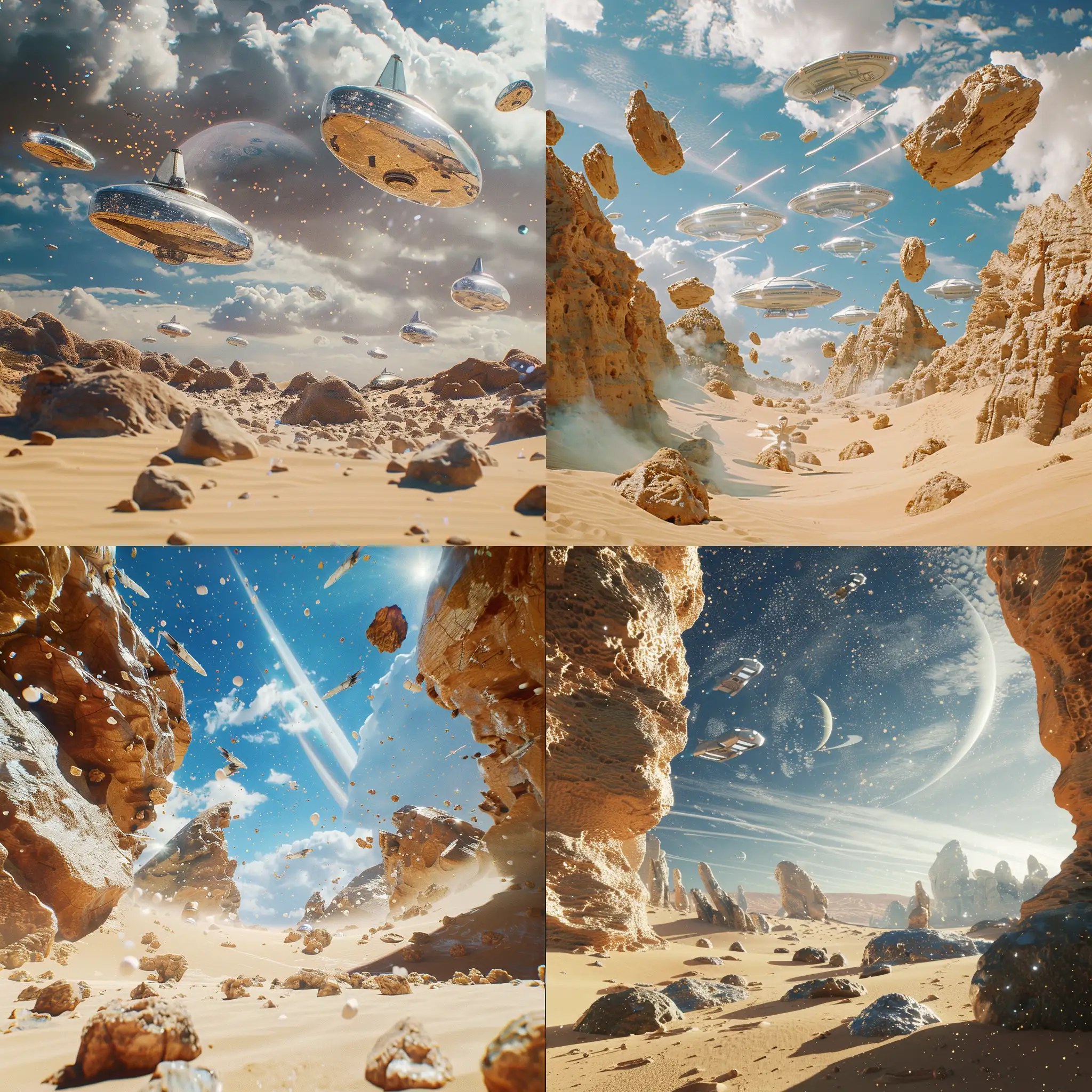  Фантастическая планета в стилистике фильма Дюна, космический пейзаж, песок, скалы, на небе космические корабли, 8k, плёночная фотография, ультодетализация, рассеяние света, резкий фокус, высокая детализация 