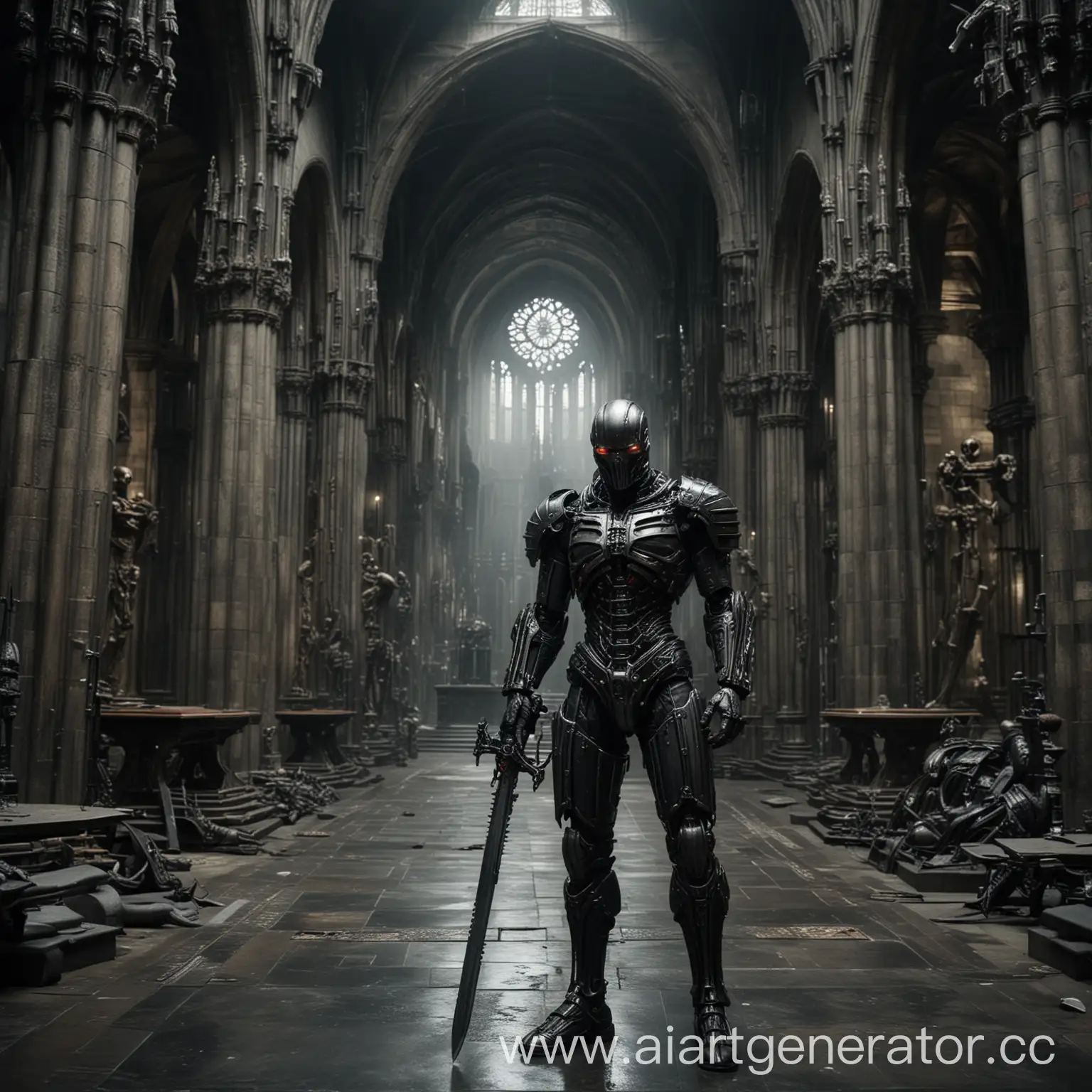 Cyberpunk-Knight-Cyborg-with-Sword-in-Gothic-Cathedral