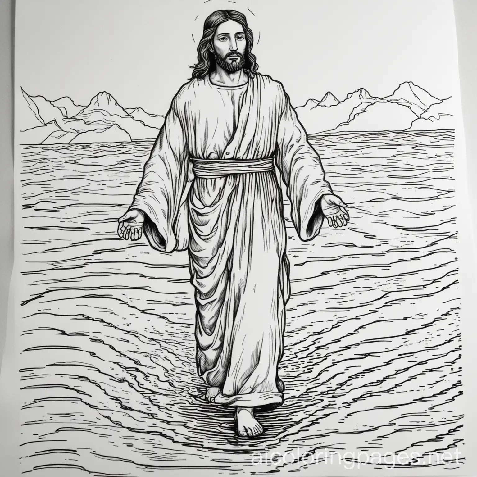 Jesus walking on the water, Coloring Page, black and white, line art, white background, Simplicity, Ample White Space. The background of the coloring page is plain white to make it easy for young children to color within the lines. The outlines of all the subjects are easy to distinguish, making it simple for kids to color without too much difficulty