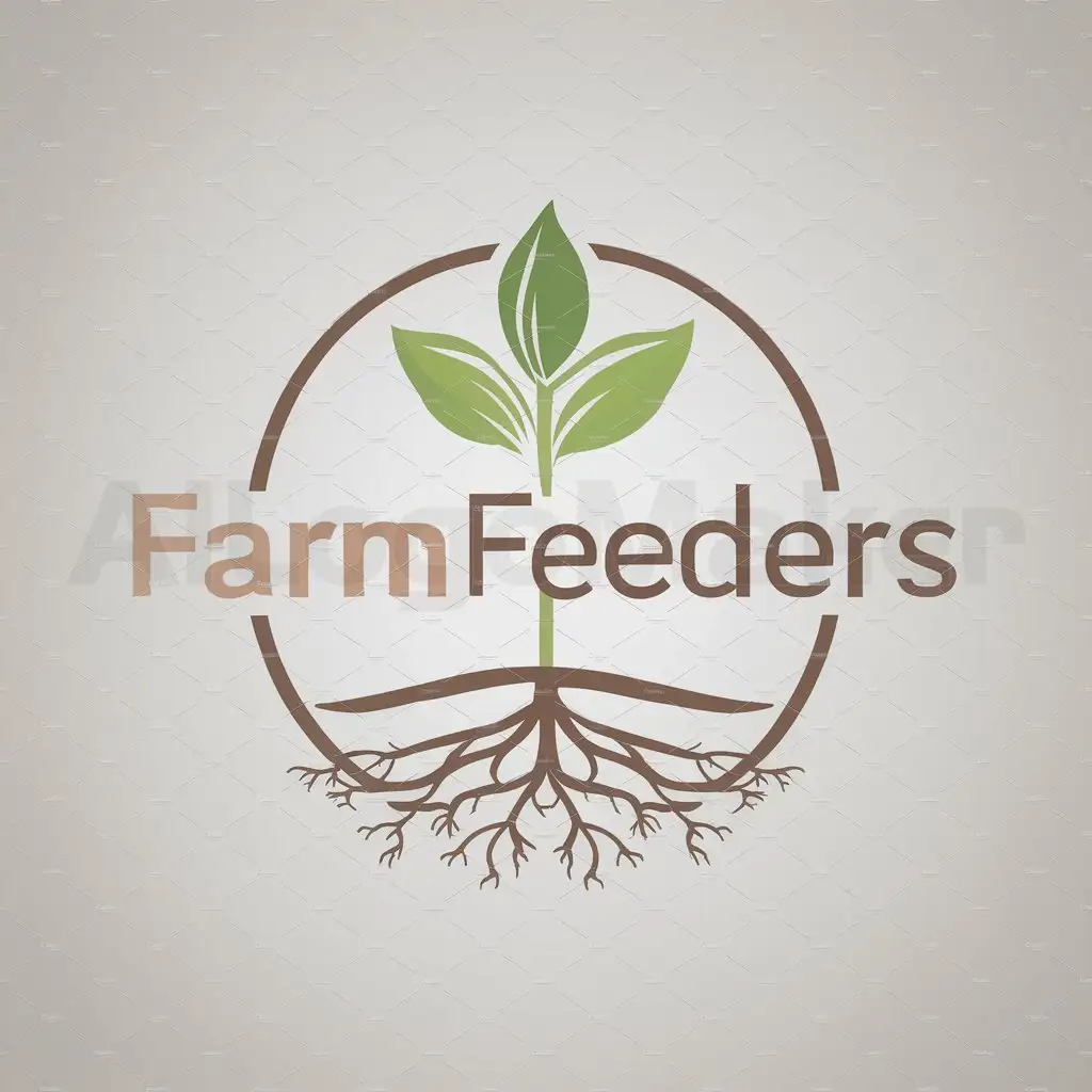 a logo design,with the text "FarmFeeders", main symbol:a logo design,with the text 'FarmFeeders', main symbol: The logo features the words 'FARM FEEDERS' encircling a stylized plant with roots. The main emblem is the plant, symbolizing the farm's focus on cultivating food. The roots represent the farm's connection to the earth and its dedication to sustainable agriculture. The green color of the leaf signifies growth, freshness, and health. The brown color of the circle and text suggests the earth and the natural world.,Moderate,be used in Agriculture industry,clear background