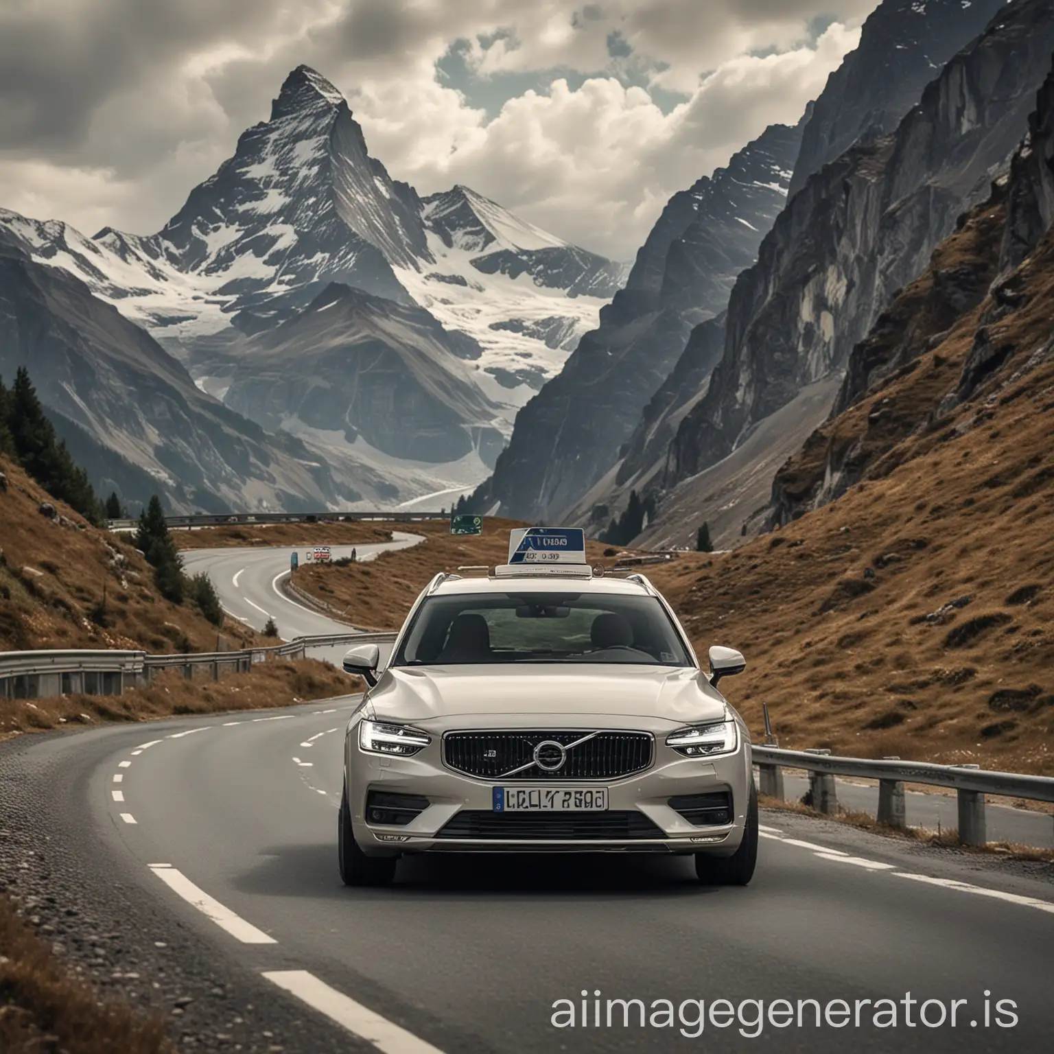 Create an image of a Volvo  and a Kia with licence plate "C-Hans" driving on a mountainous road with many curves, with the Matterhorn and other mountains in the background.