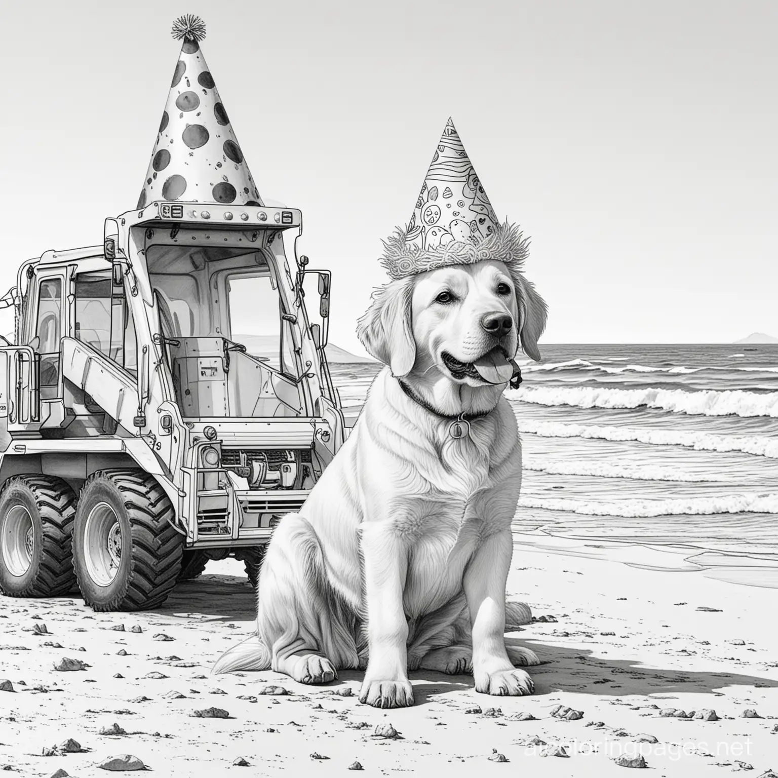 Dog wearing a party hat at the beach with a digger truck in the background, Coloring Page, black and white, line art, white background, Simplicity, Ample White Space. The background of the coloring page is plain white to make it easy for young children to color within the lines. The outlines of all the subjects are easy to distinguish, making it simple for kids to color without too much difficulty