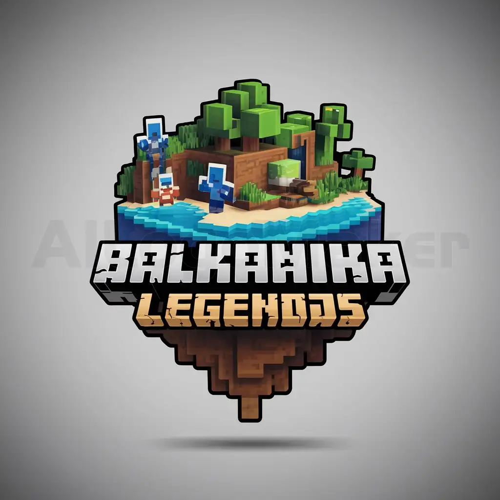 a logo design,with the text "balkanika legends", main symbol:Make me a Minecraft logo for my Minecraft server based on a floating Island consisting of a cove with 3 players,Moderate,be used in gaming industry,clear background