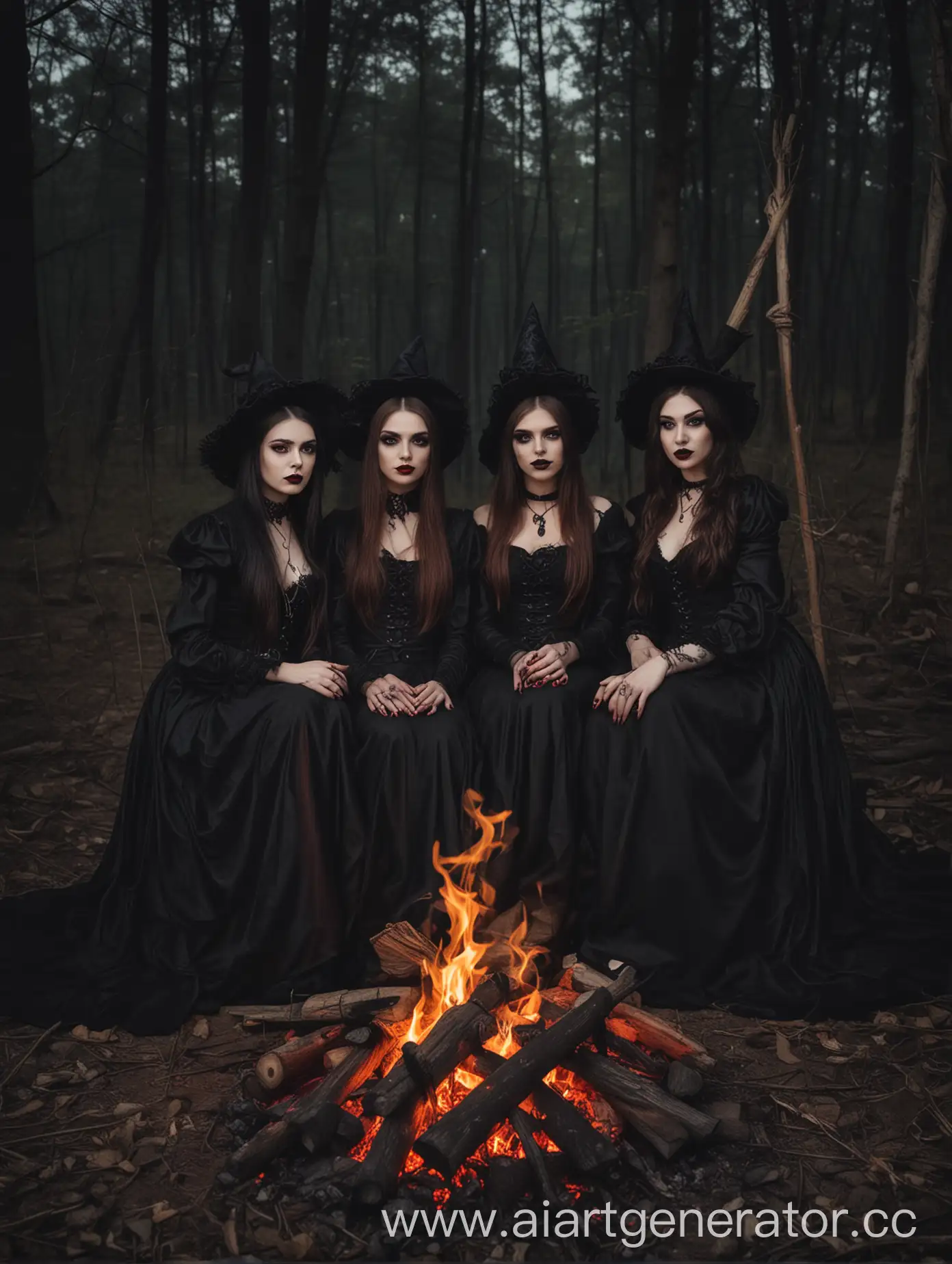 Four-Gothic-Girls-as-Witches-and-Demonesses-Gathering-Around-Forest-Fire