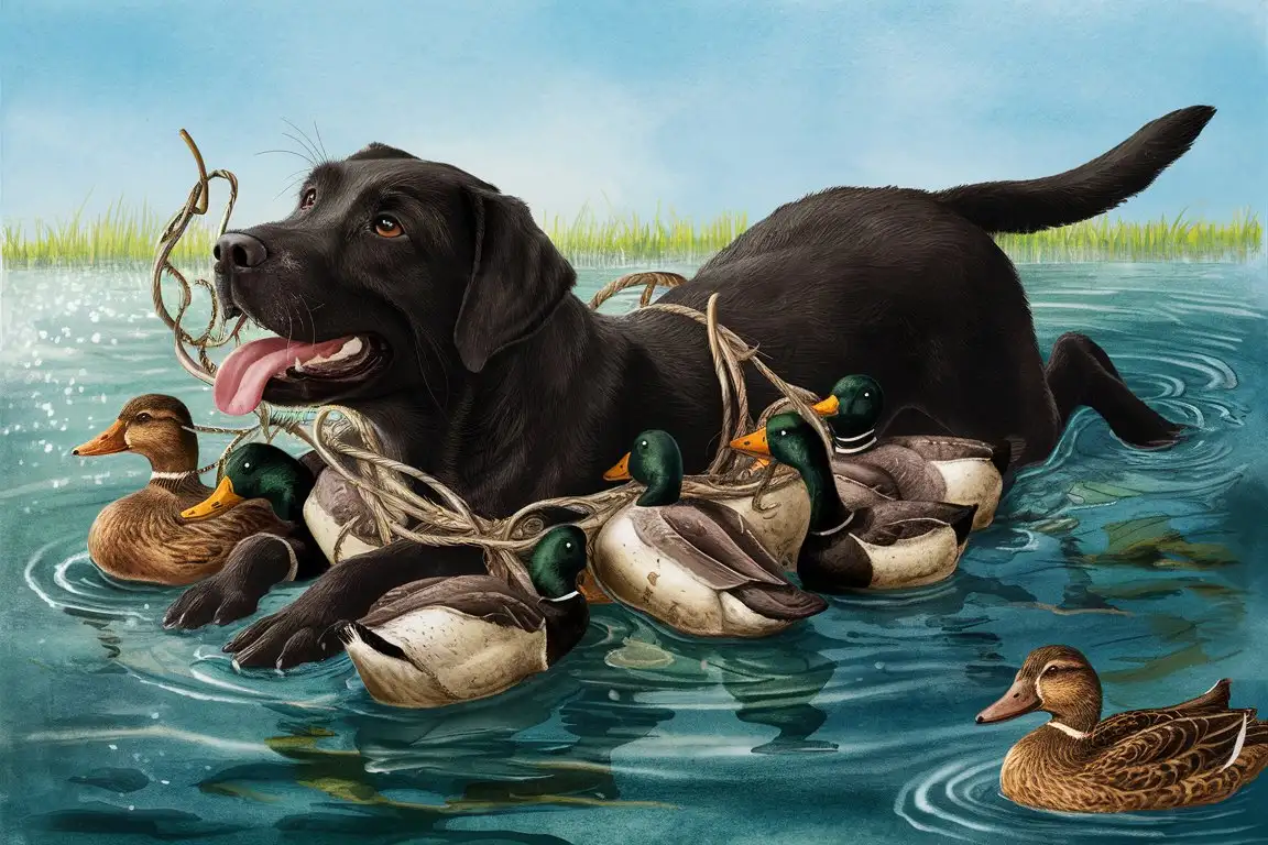 a skillfully rendered sketch illustration, while swimming amongst duck decoys a puppy black lab gets tangled up in the duck decoys 